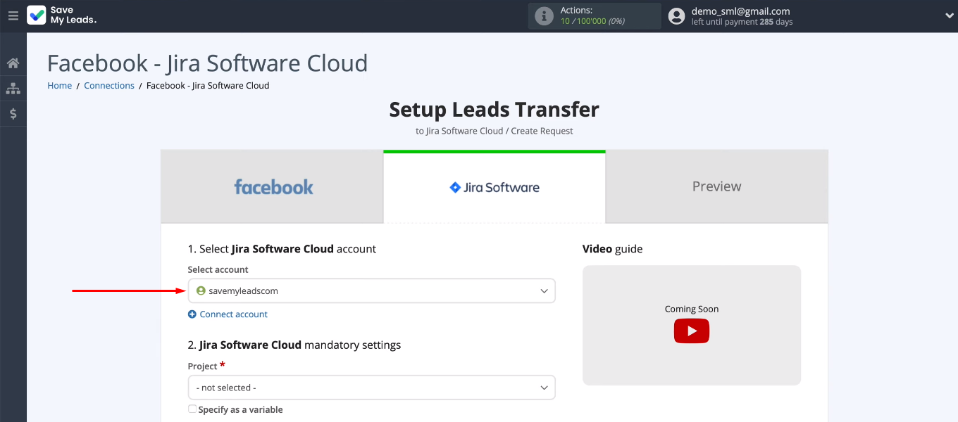 Facebook and Jira Software Cloud integration | Select the connected Jira Software