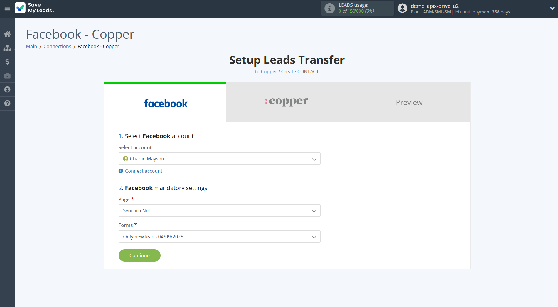 How to Connect Facebook with Copper Create Contacts | Data Source account connection