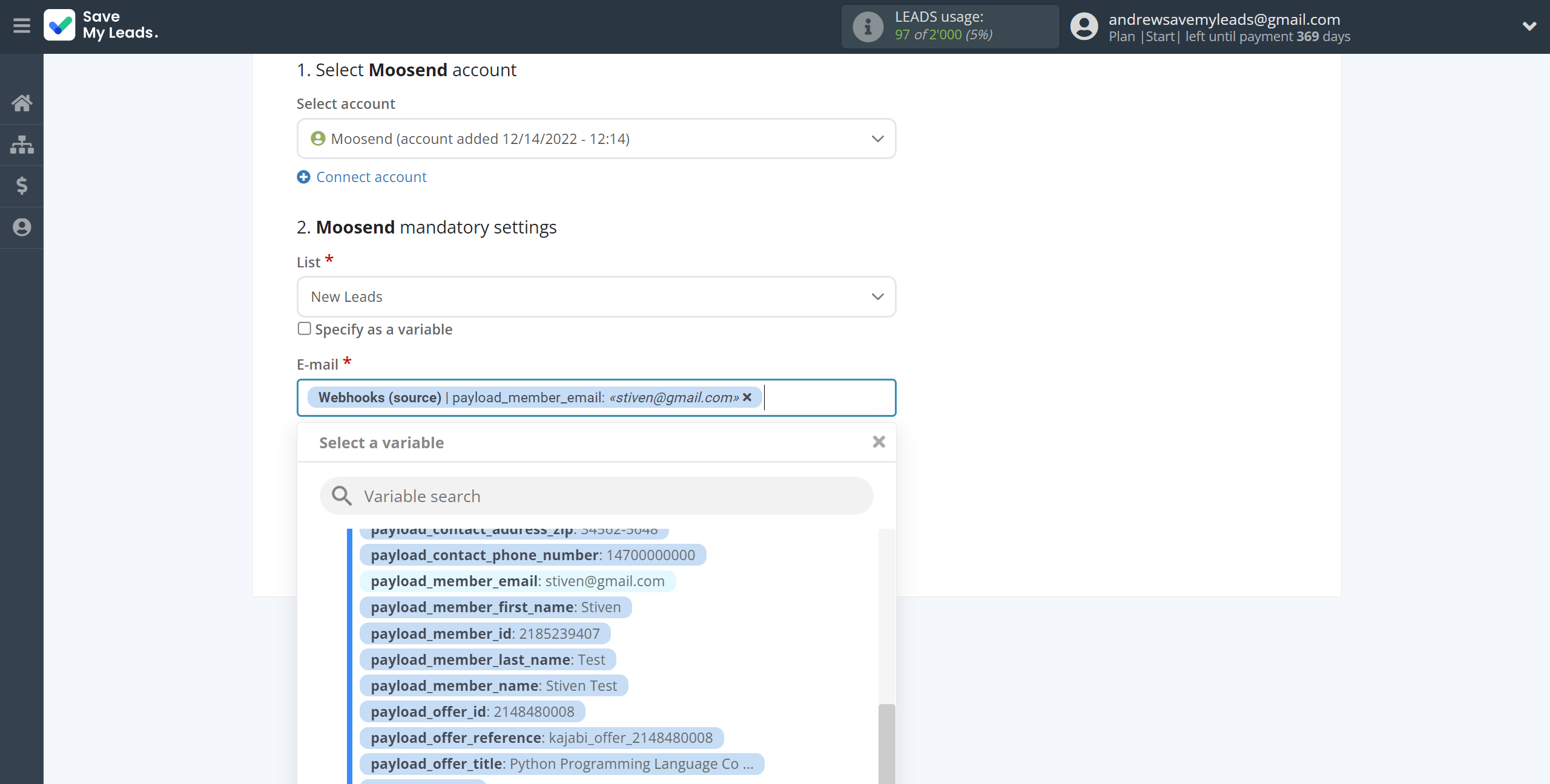 How to Connect Webhooks with Moosend | Assigning fields