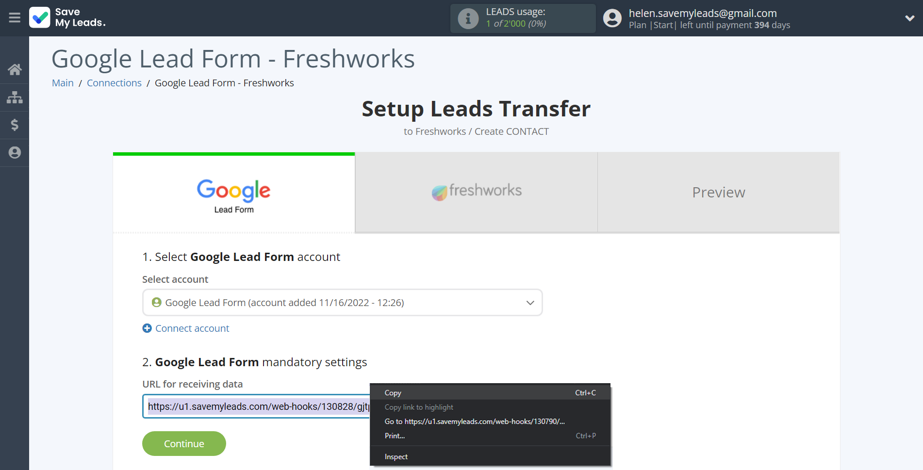 How to Connect Google Lead Form with Freshworks Create Contacts | Data Source account connection