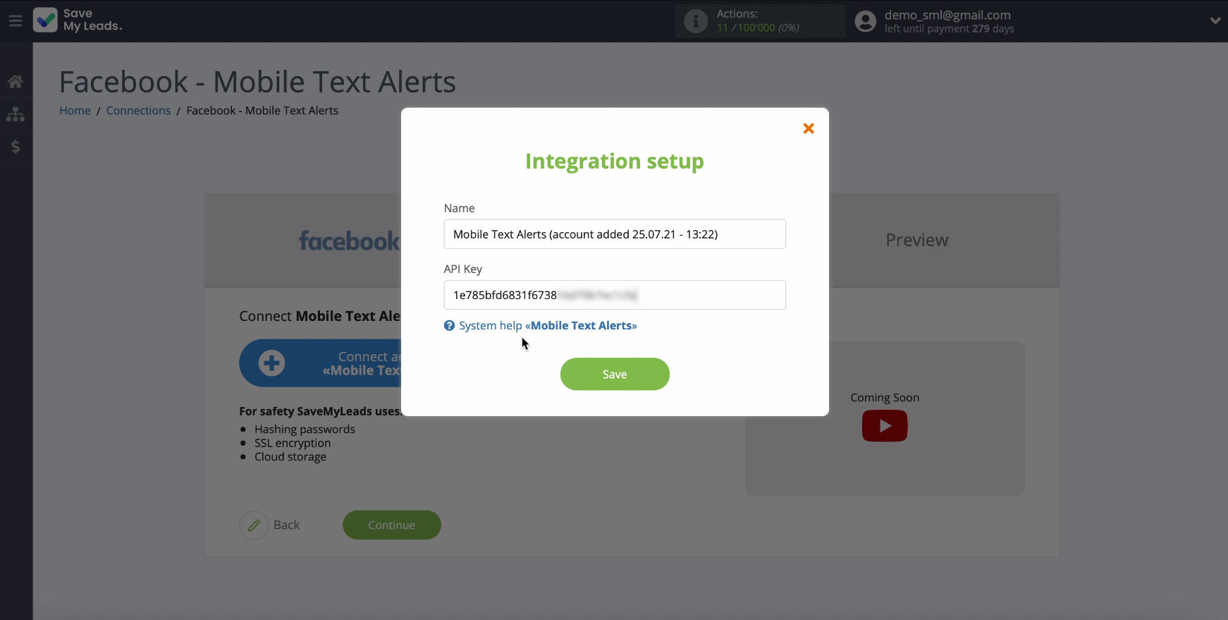Facebook and Mobile Text Alerts integration | Paste the API Key