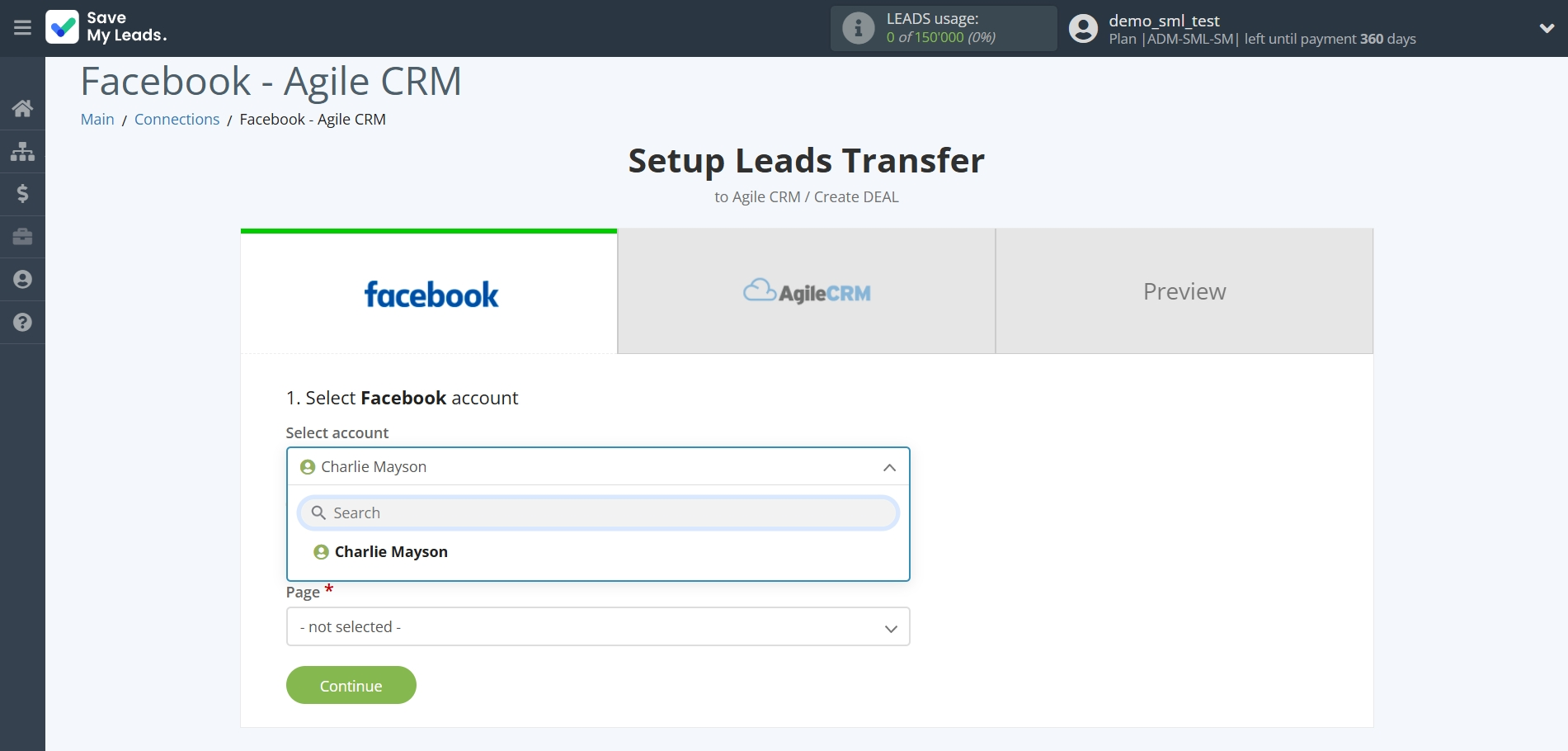 How to Connect Facebook with AgileCRM Create Deal | Data Source account selection