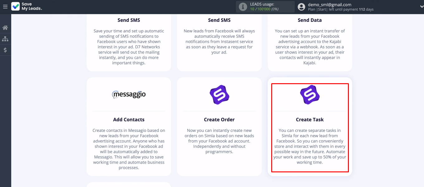 Facebook and Simla integration | Select "Simla (Create Task)" template