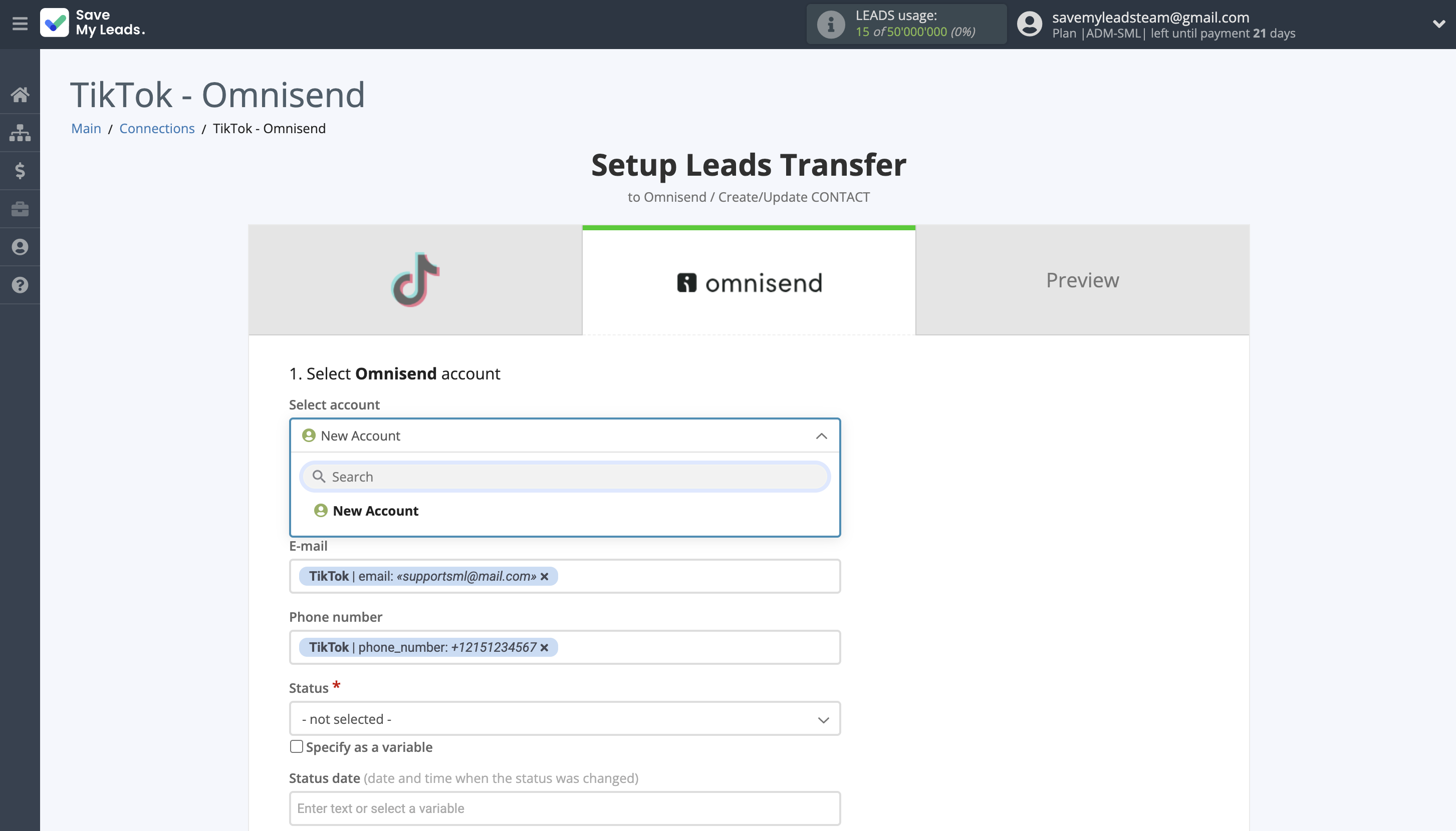 How to Connect TikTok with Omnisend Create Contact | Data Destination account selection How to Connect TikTok with Omnisend Create Contact | Data Destination account selection