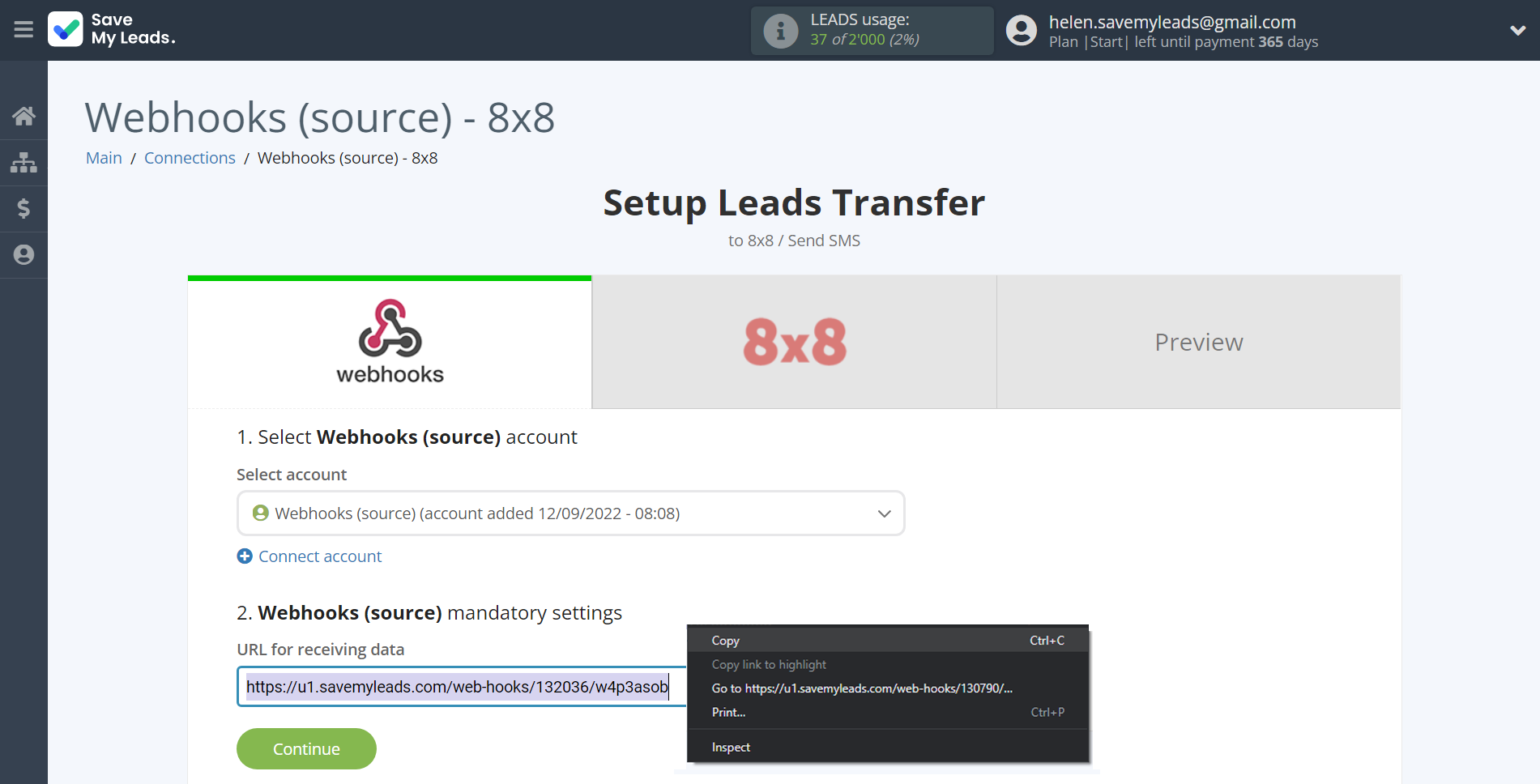 How to Connect Webhooks with 8x8 | Data Source account connection