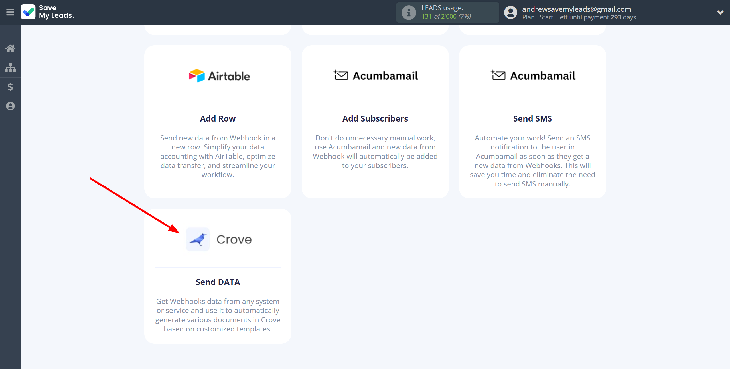 How to Connect Webhooks with Crove | Data Destination system selection