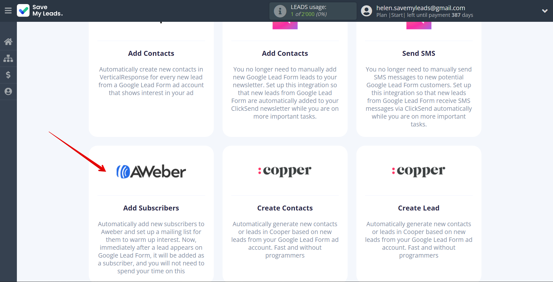 How to Connect Google Lead Form with AWeber | Data Destination system selection