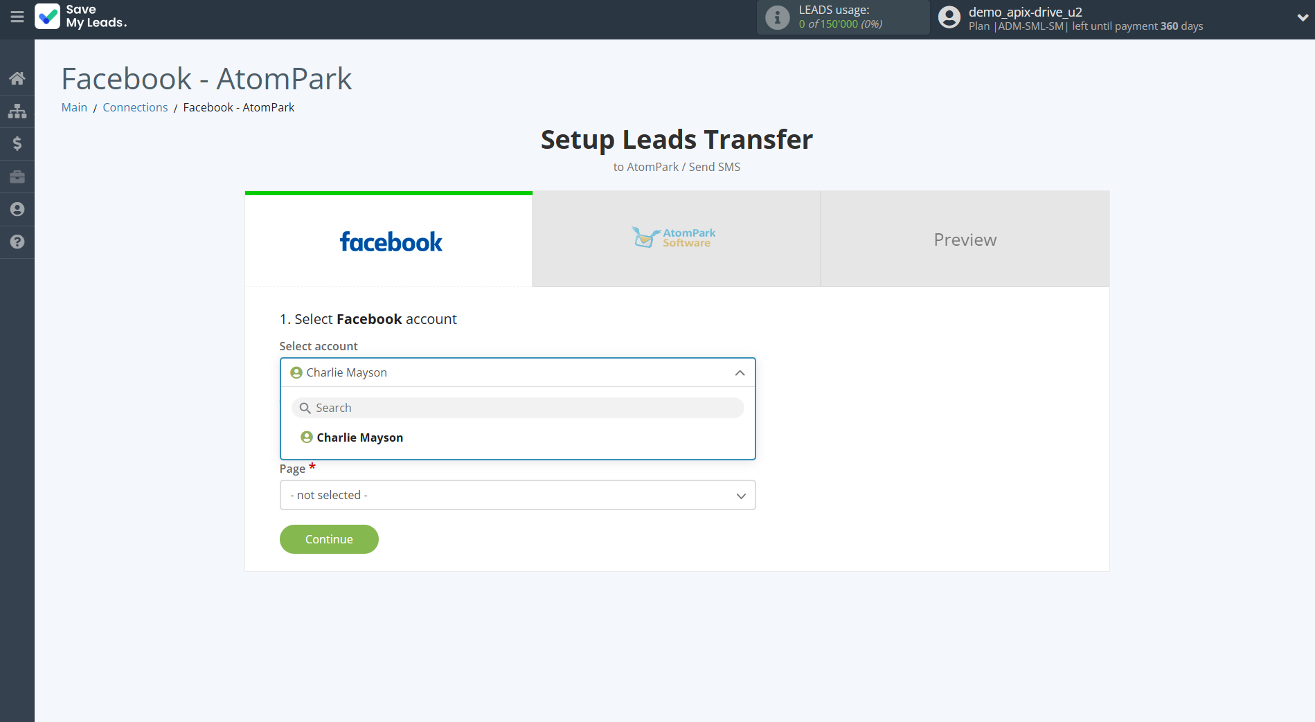 How to Connect Facebook with AtomPark | Data Source account selection