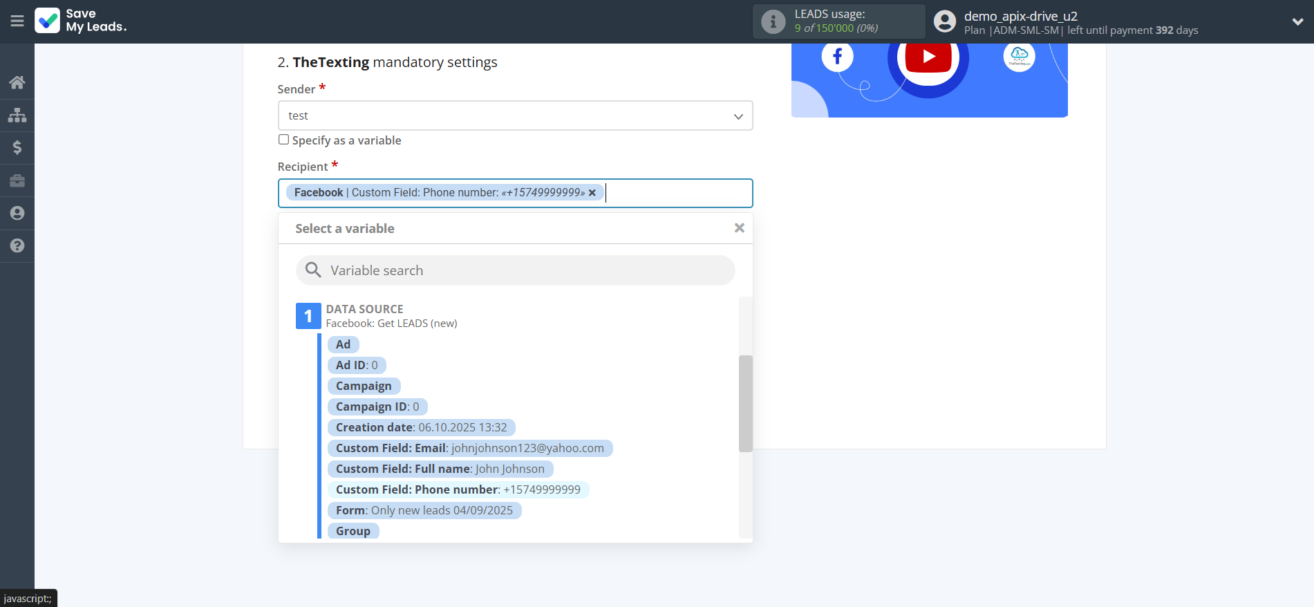 How to Connect Facebook with TheTexting | Assigning fields How to Connect Facebook with TheTexting | Assigning fields