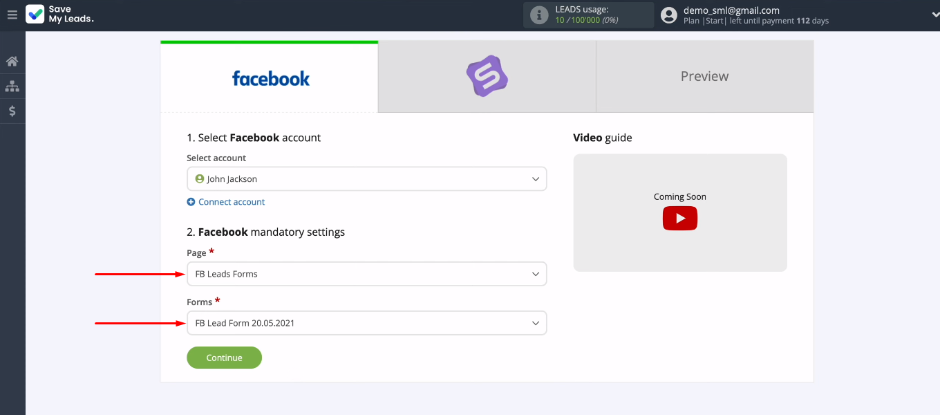 Facebook and Simla integration | Spesify required parameters
