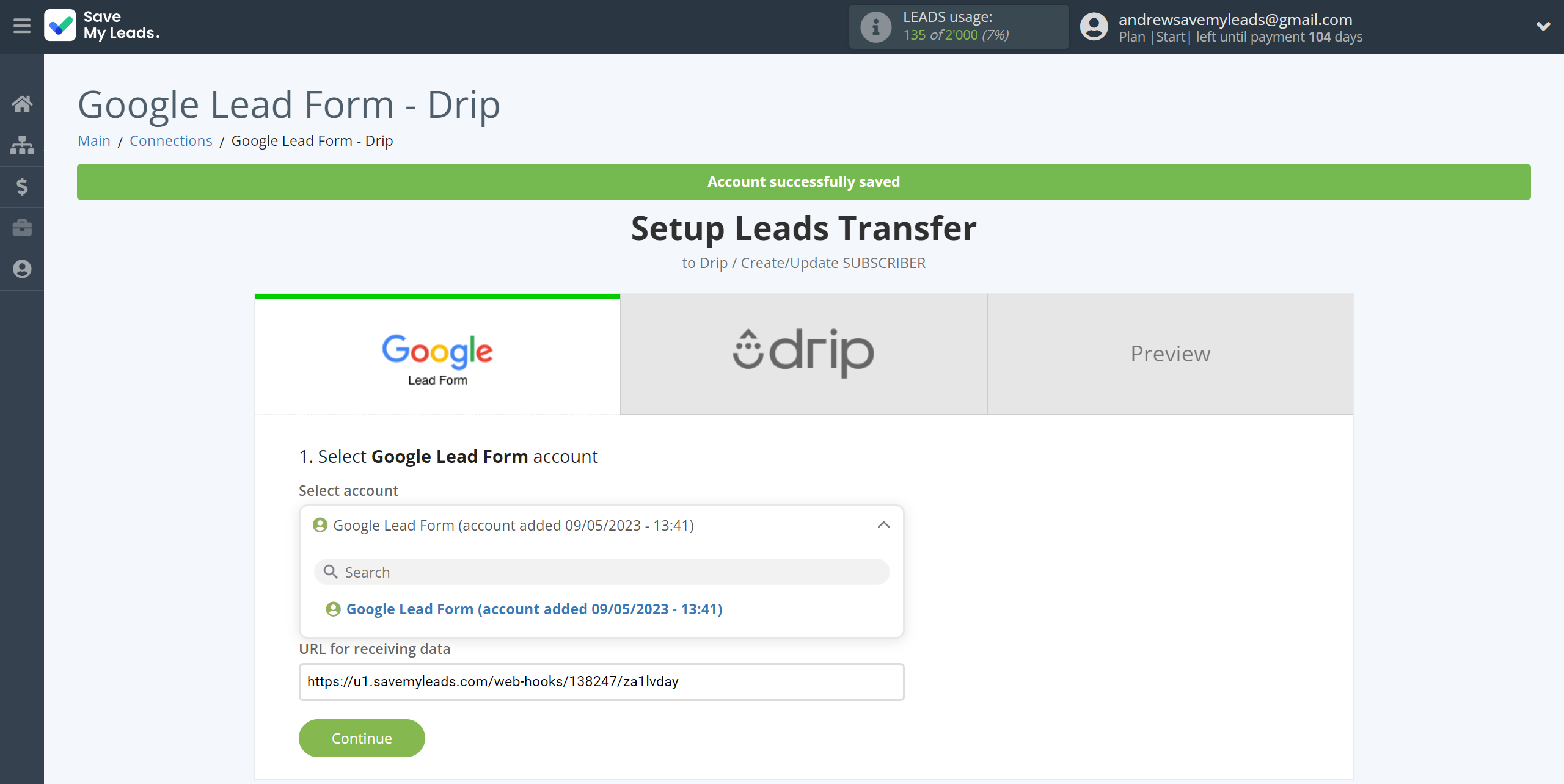 How to Connect Google Lead Form with Drip Create/Update Subscribers | Data Source account selection