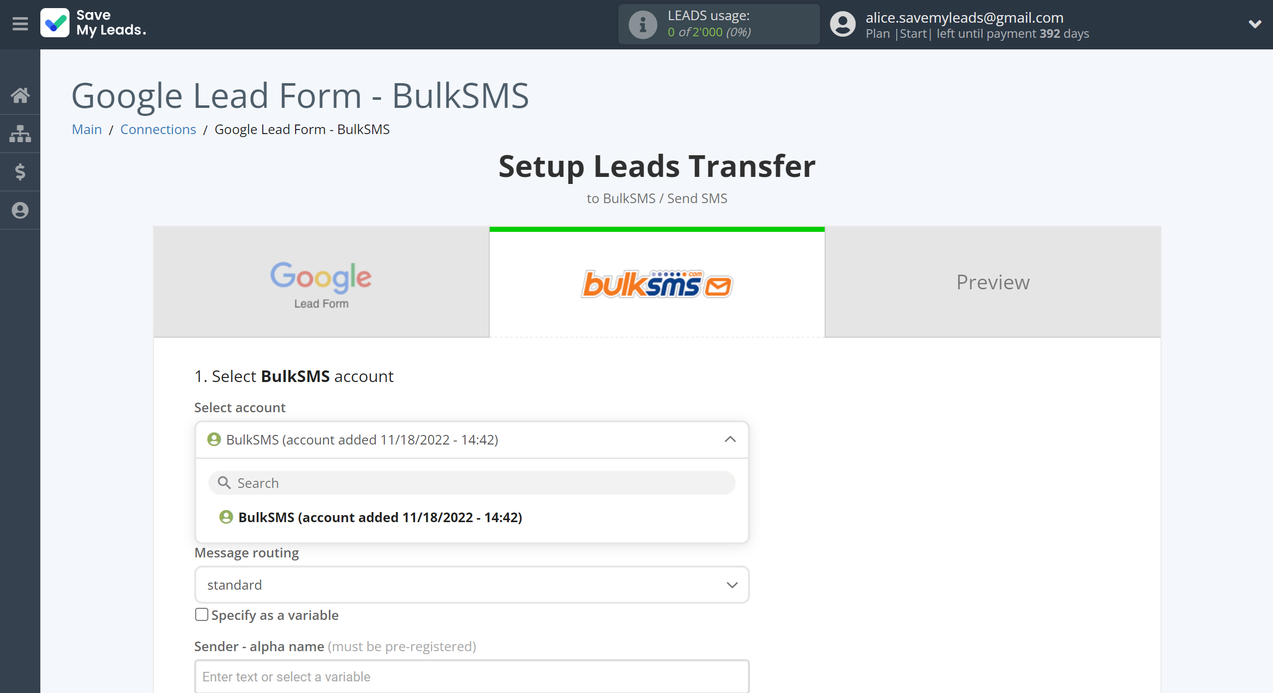 How to Connect Google Lead Form with BulkSMS | Data Destination account selection