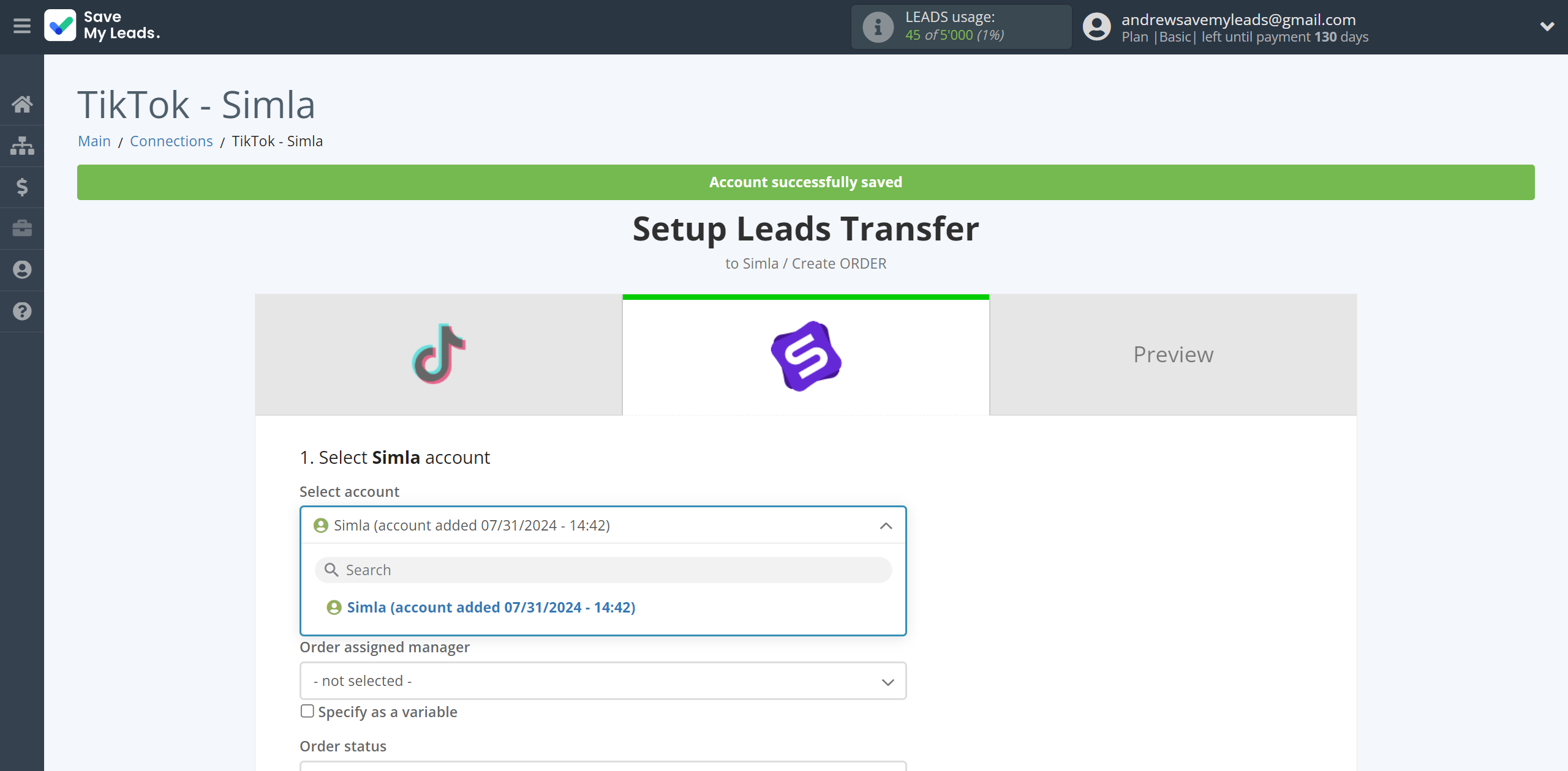 How to Connect TikTok with Simla Create Order | Data Destination account selection