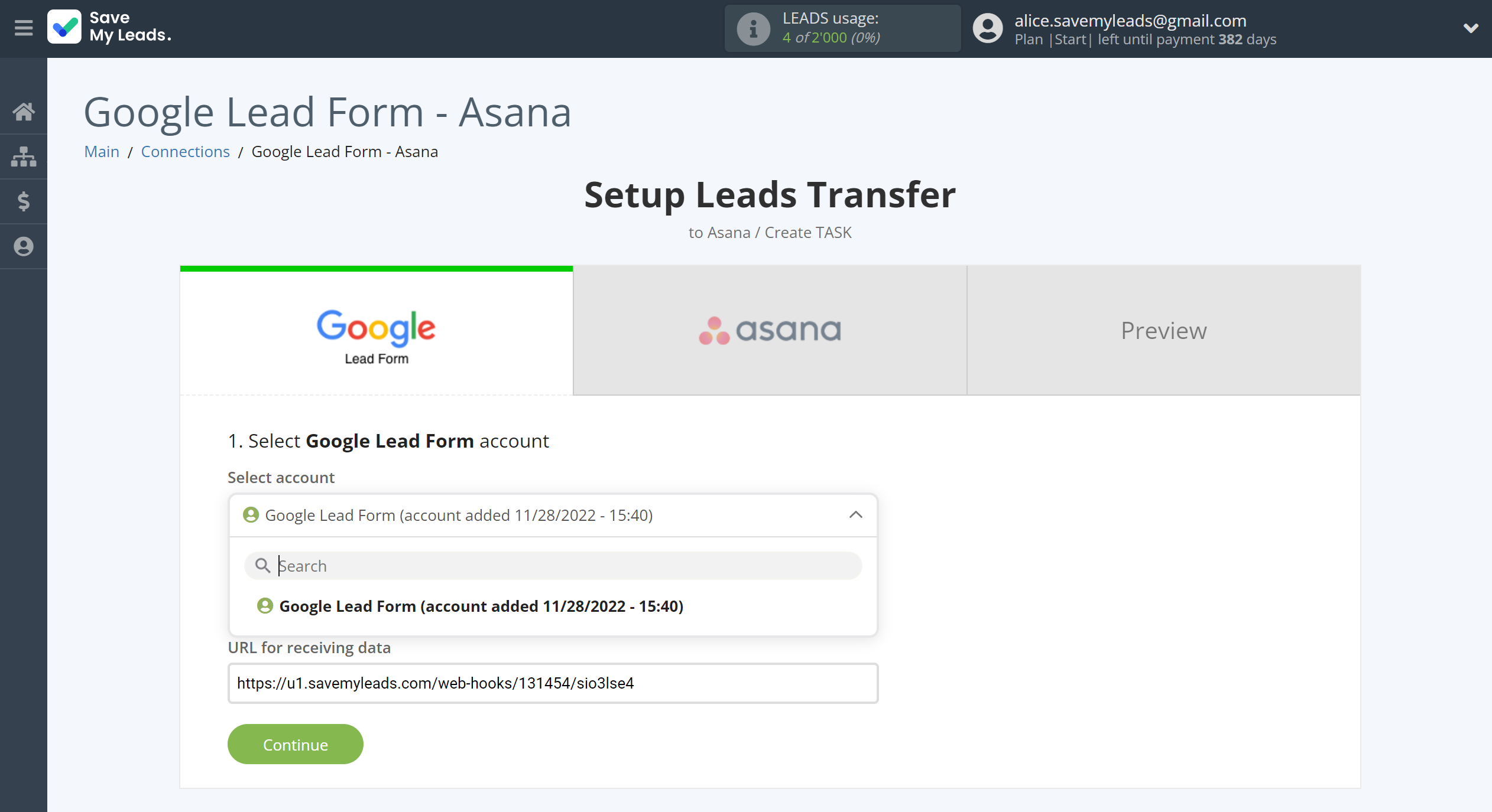 How to Connect Google Lead Form with Asana | Data Source account connection