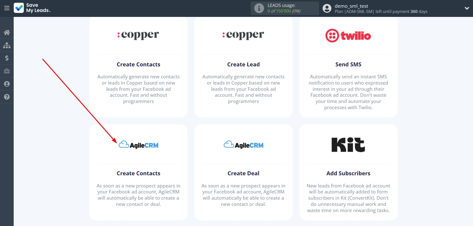 How to Connect Facebook with AgileCRM Create Contacts | Data Destination system selection