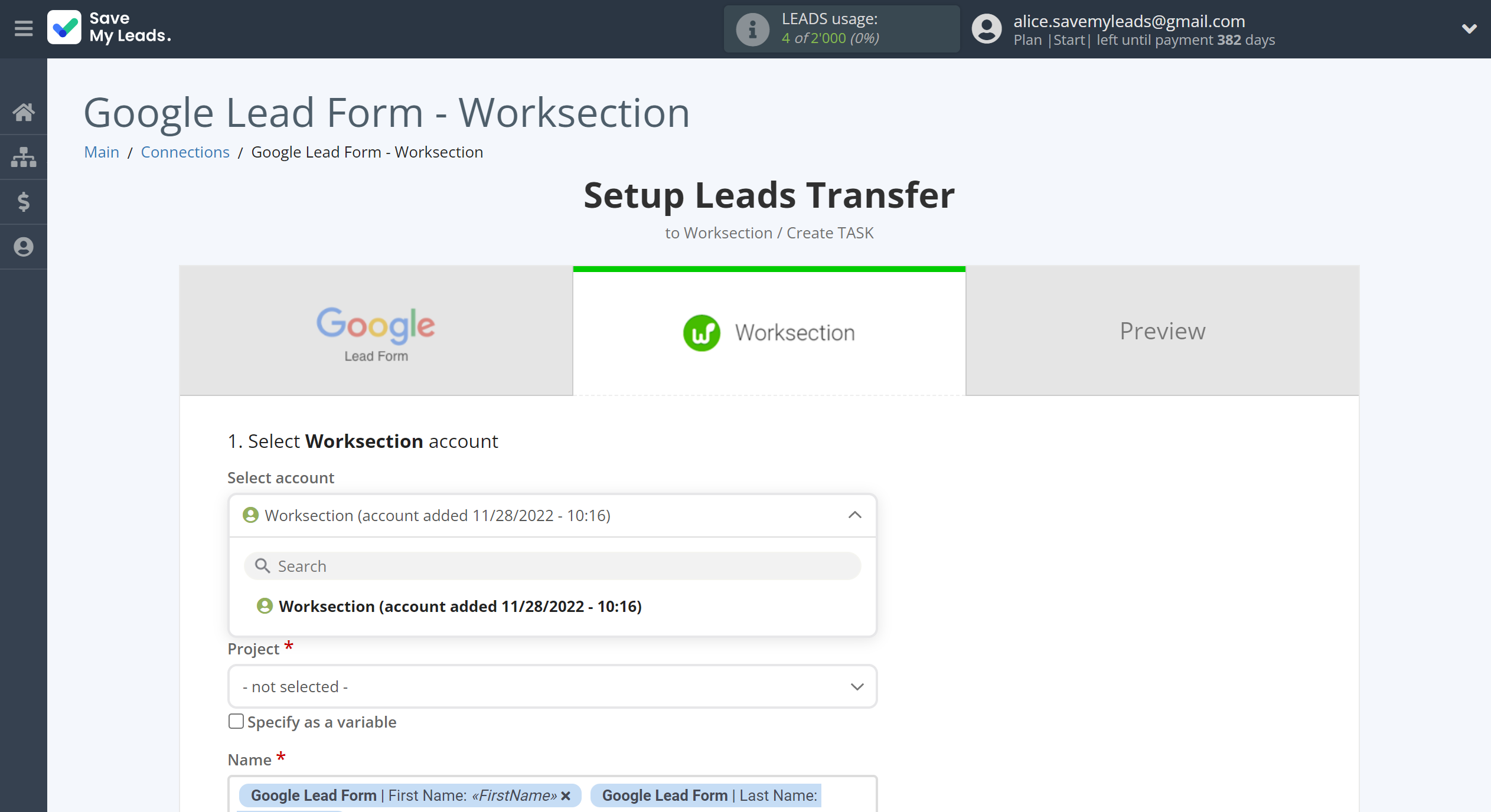 How to Connect Google Lead Form with Worksection | Data Destination account selection