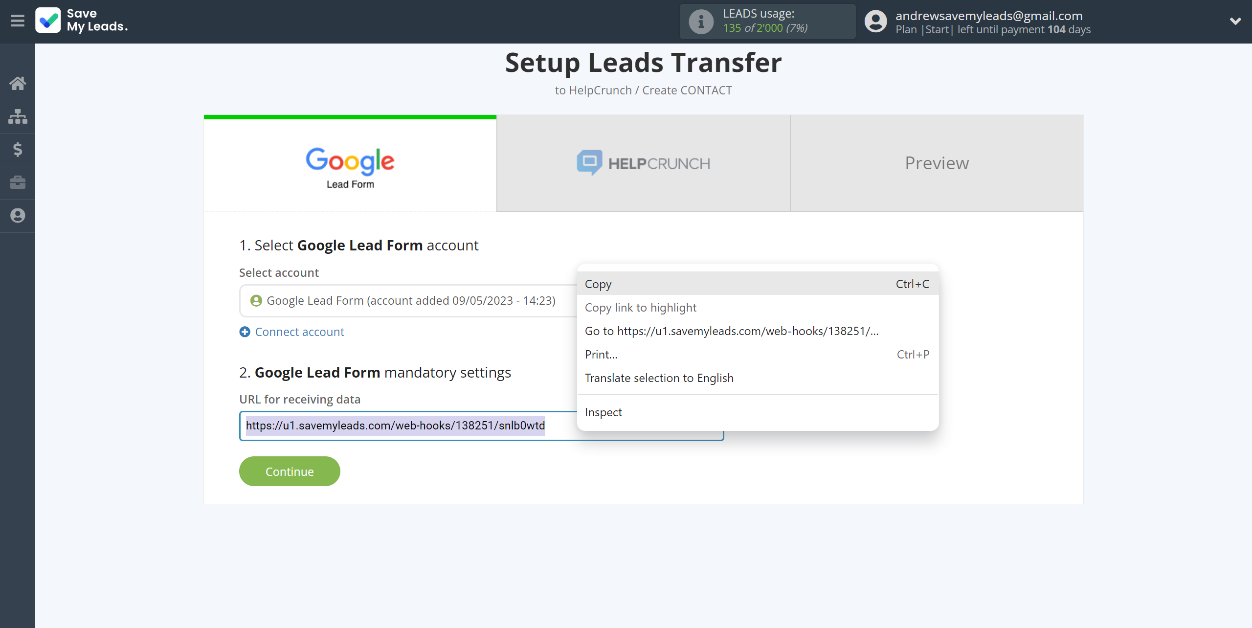 How to Connect Google Lead Form with HelpCrunch Create Contacts | Data Source account connection