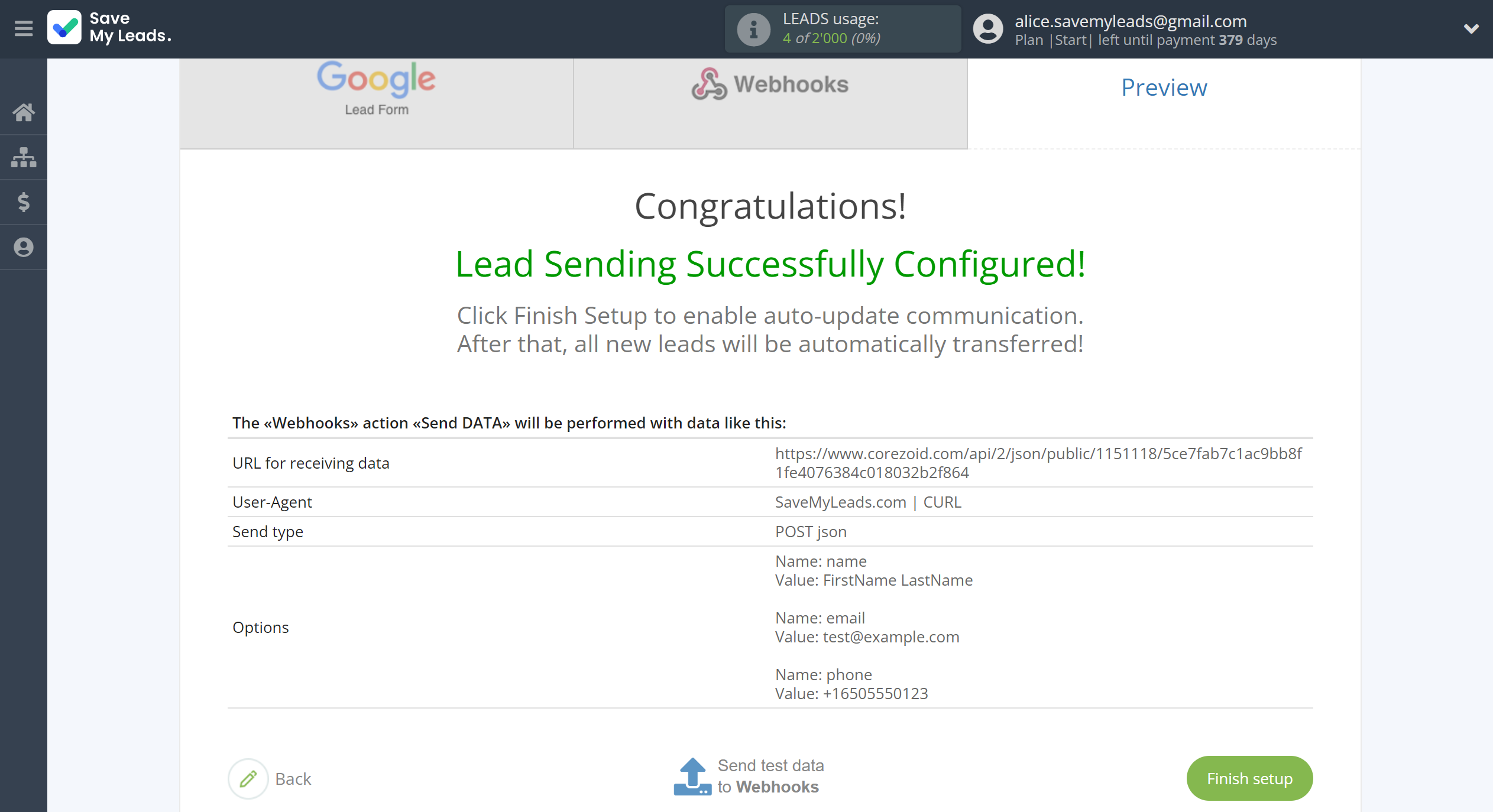 How to Connect Google Lead Form with Webhooks | Test data