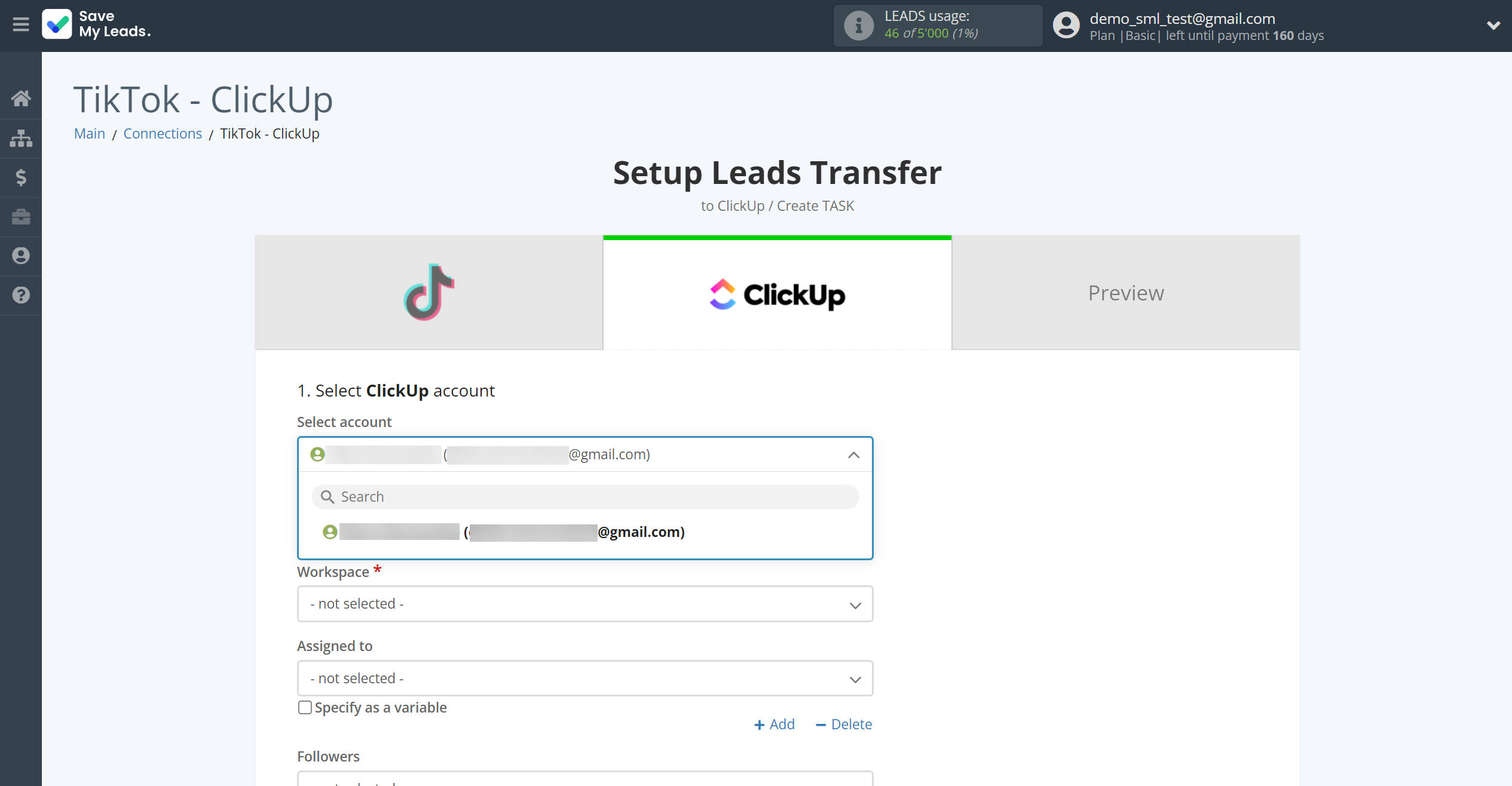 How to Connect TikTok with ClickUp | Data Destination account selection