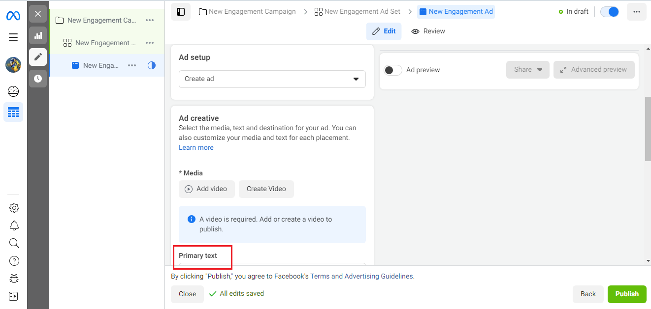 An advertising campaign in Ads Manager | Ad setup