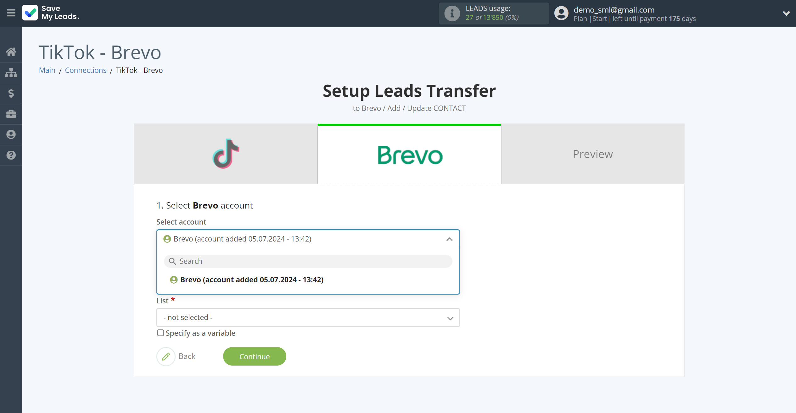 How to Connect TikTok with Brevo | Data Destination account selection