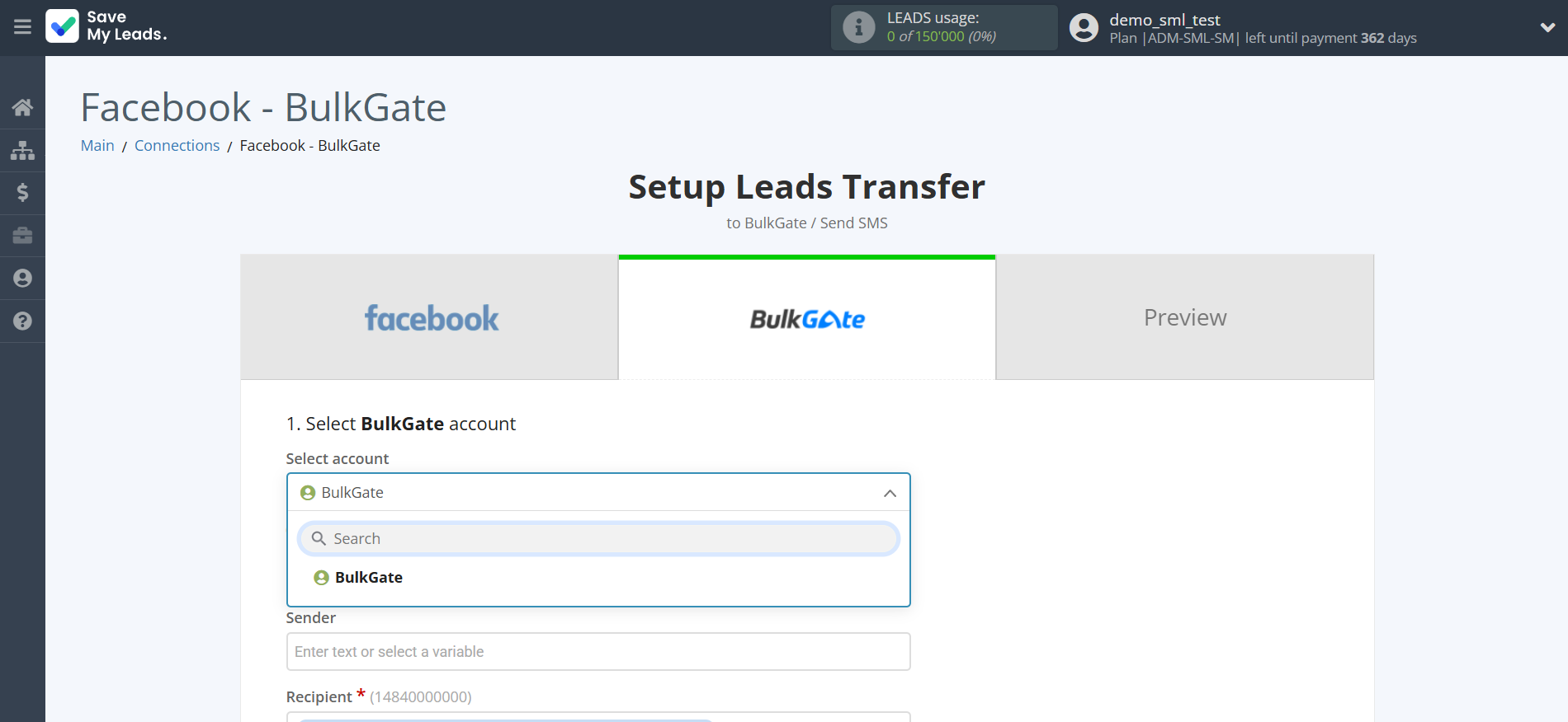 How to Connect Facebook with BulkGate | Data Destination account selection