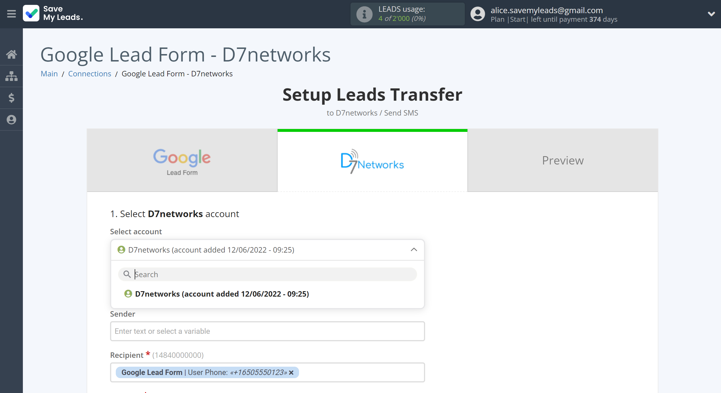 How to Connect Google Lead Form with D7 Networks | Data Destination account selection