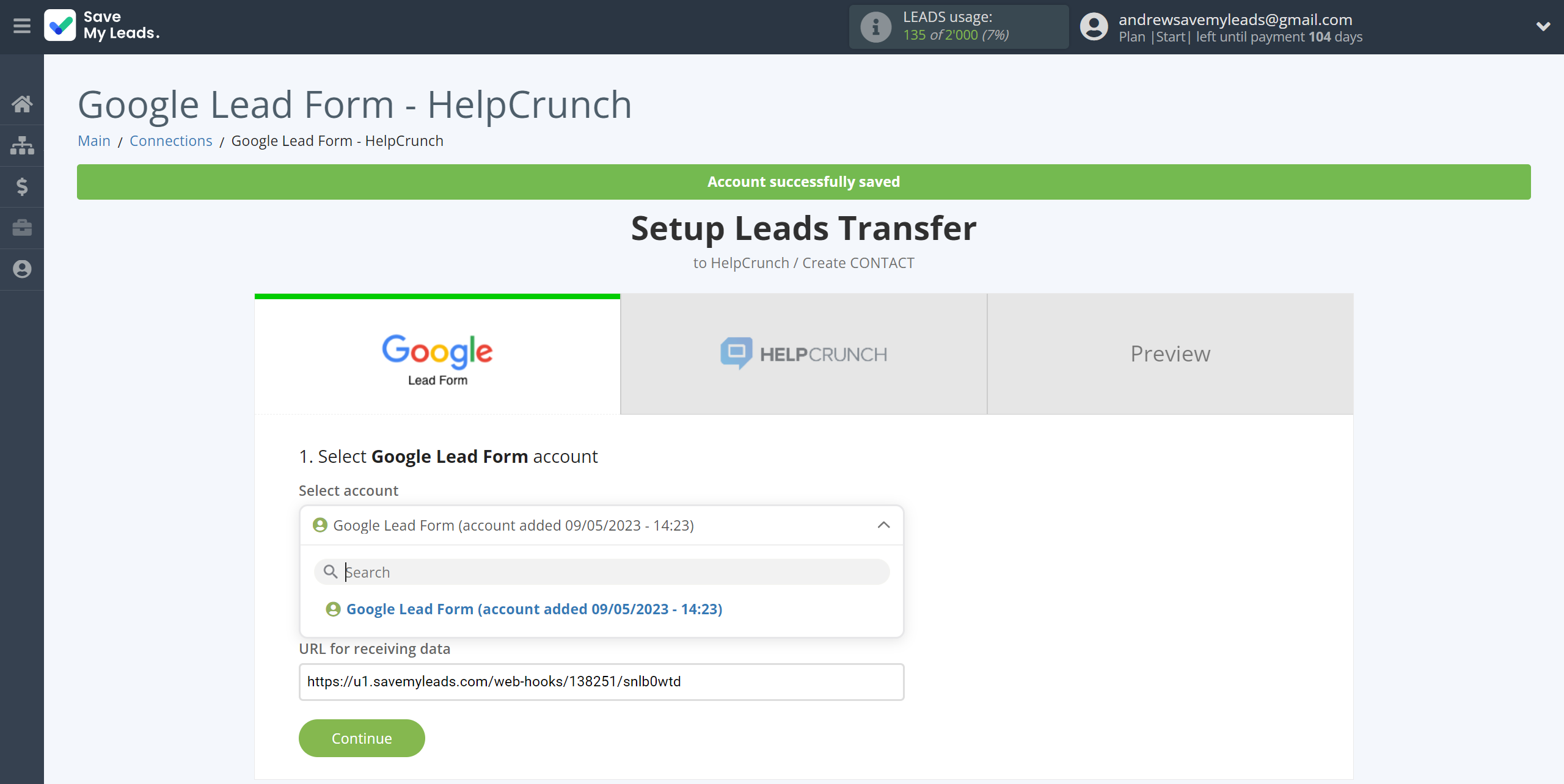 How to Connect Google Lead Form with HelpCrunch Create Contacts | Data Source account selection
