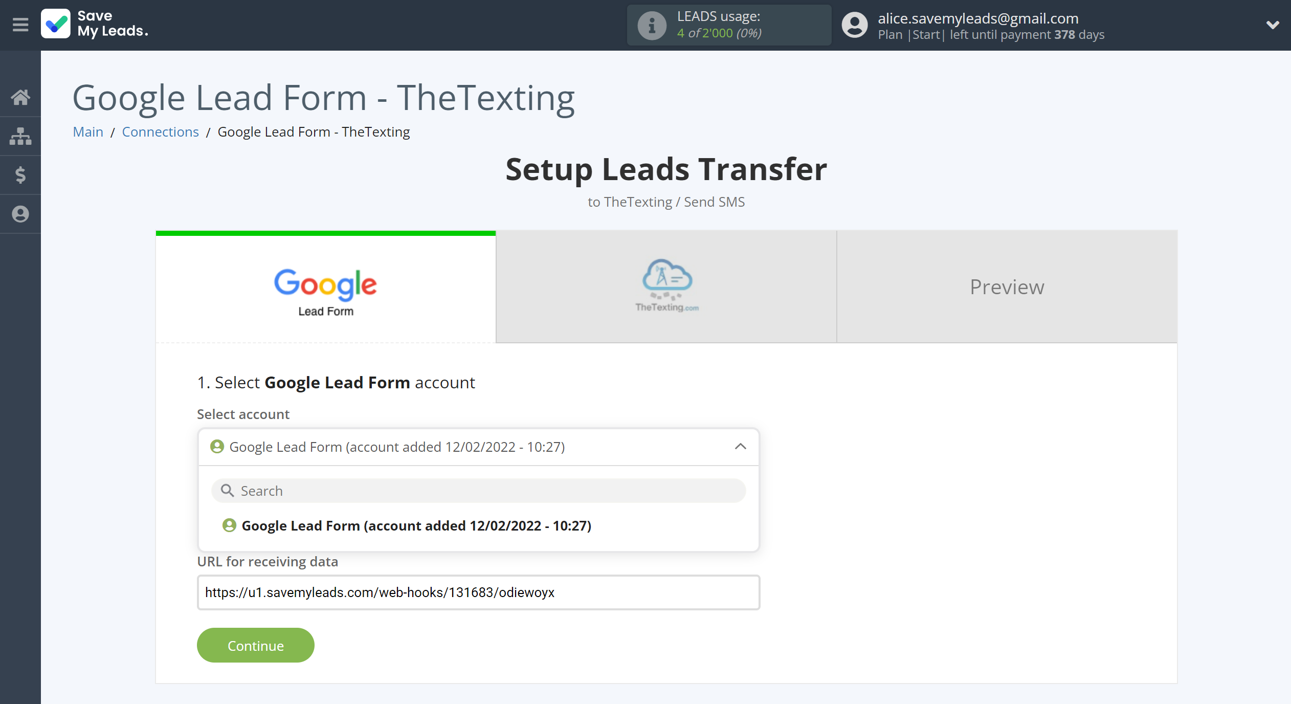 How to Connect Google Lead Form with TheTexting | Data Source account selection