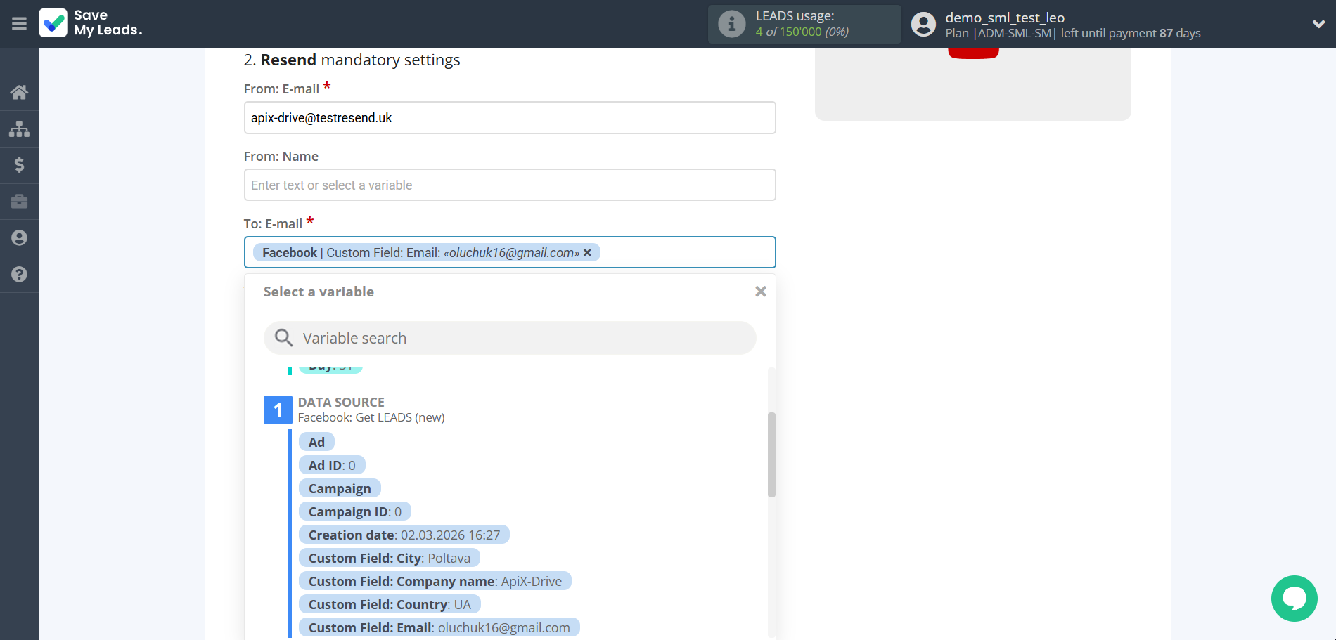 How to Connect Facebook with Resend | Assigning fields