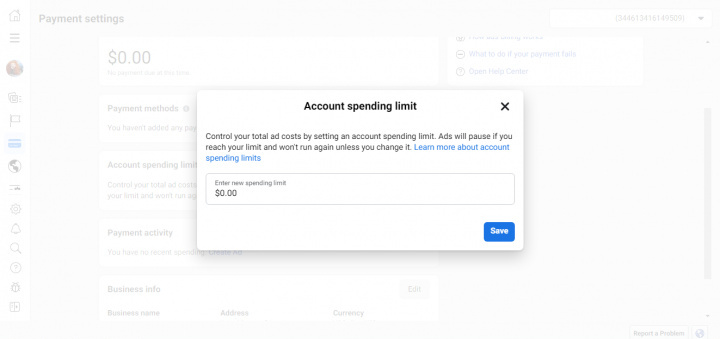 Facebook Ads Manager basic settings | Account spending limit