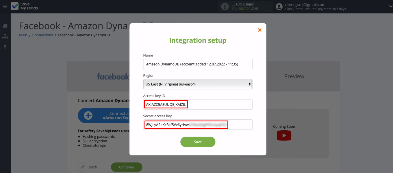 Facebook and Amazon DynamoDB integration | Complete all required fields in SML