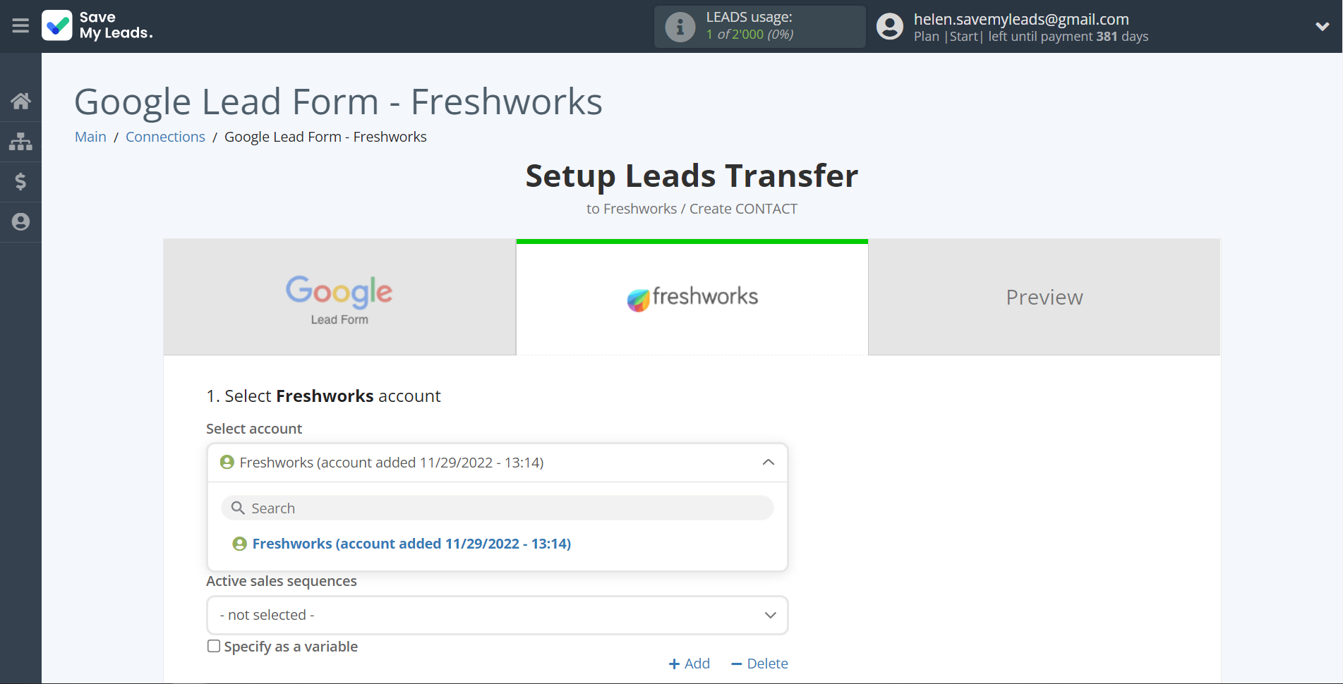 How to Connect Google Lead Form with Freshworks Create Contacts | Data Destination account selection