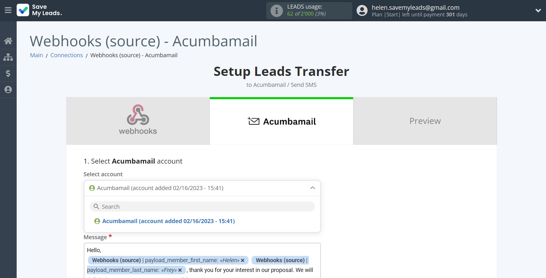 How to Connect Webhooks with Acumbamail Send SMS | Data Destination account selection