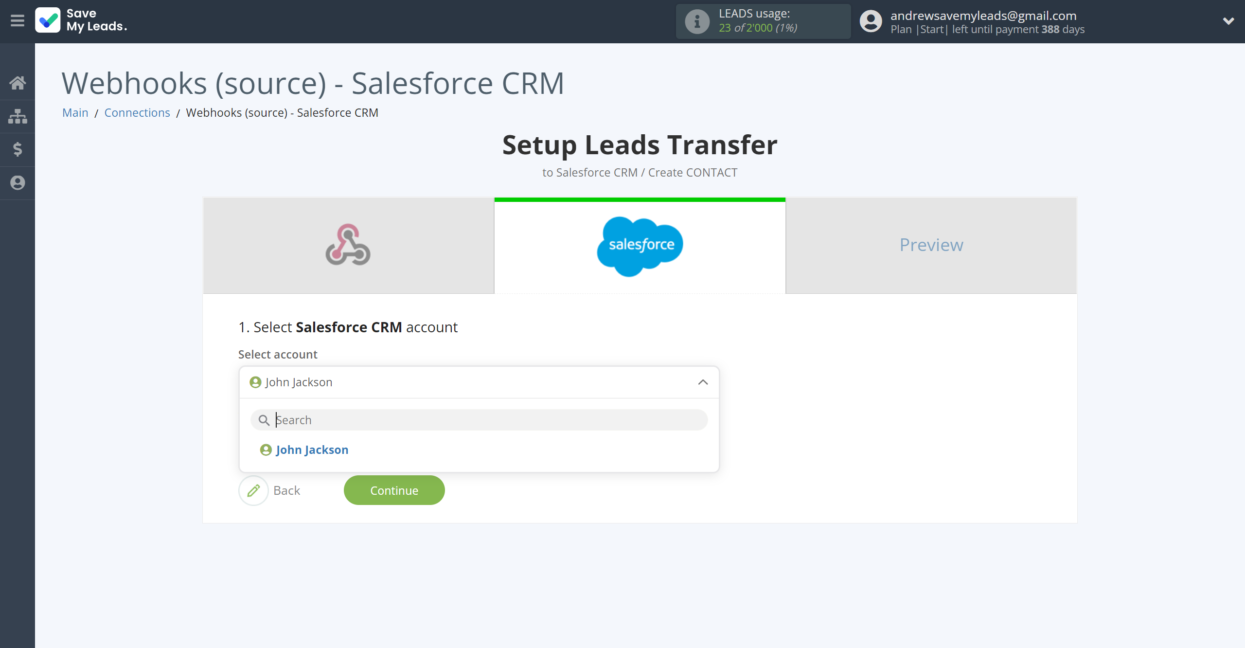 How to Connect Webhooks with Salesforce CRM Create Contacts | Data Destination account selection