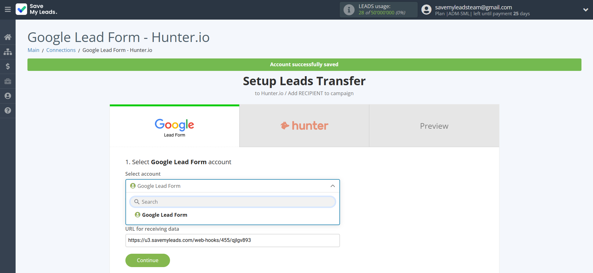 How to Connect Google Lead Form with Hunter.io Create Contact | Data Source account selection