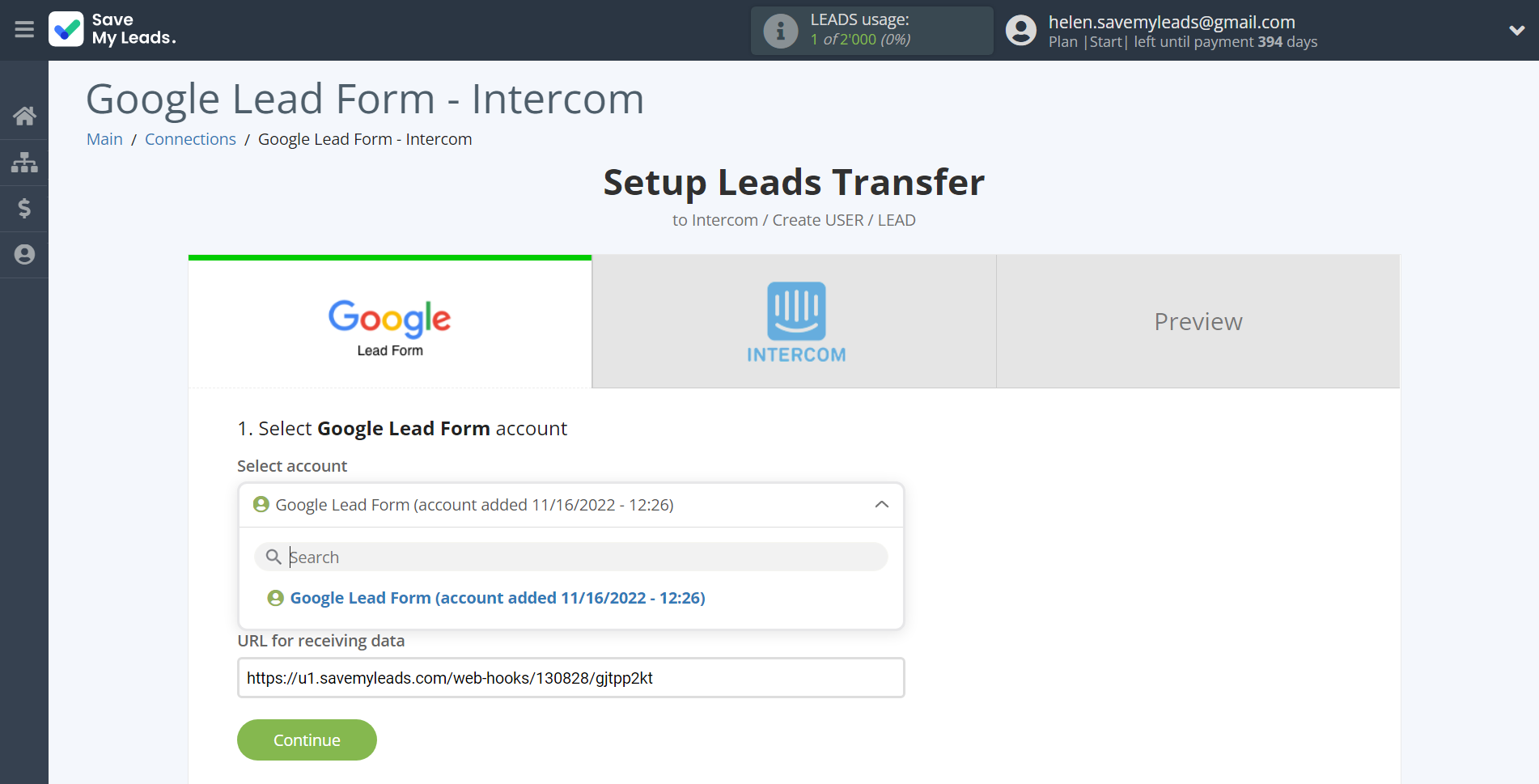 How to Connect Google Lead Form with Intercom | Data Source account selection