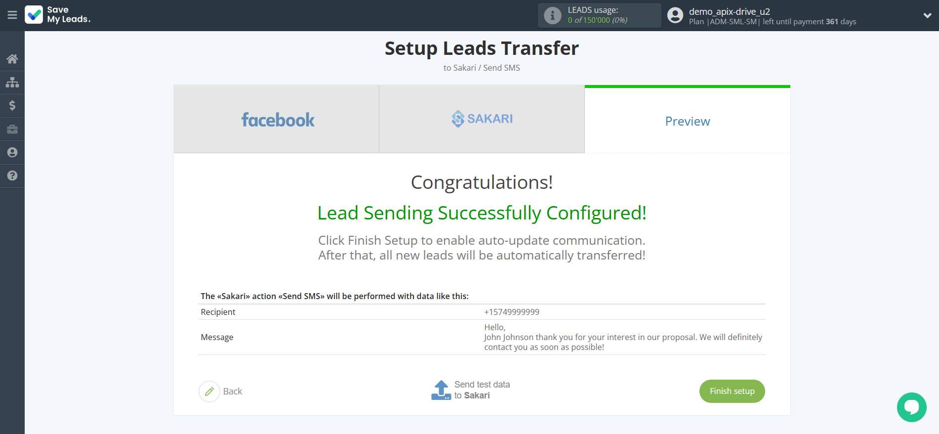 How to Connect Facebook with Sakari | Test data