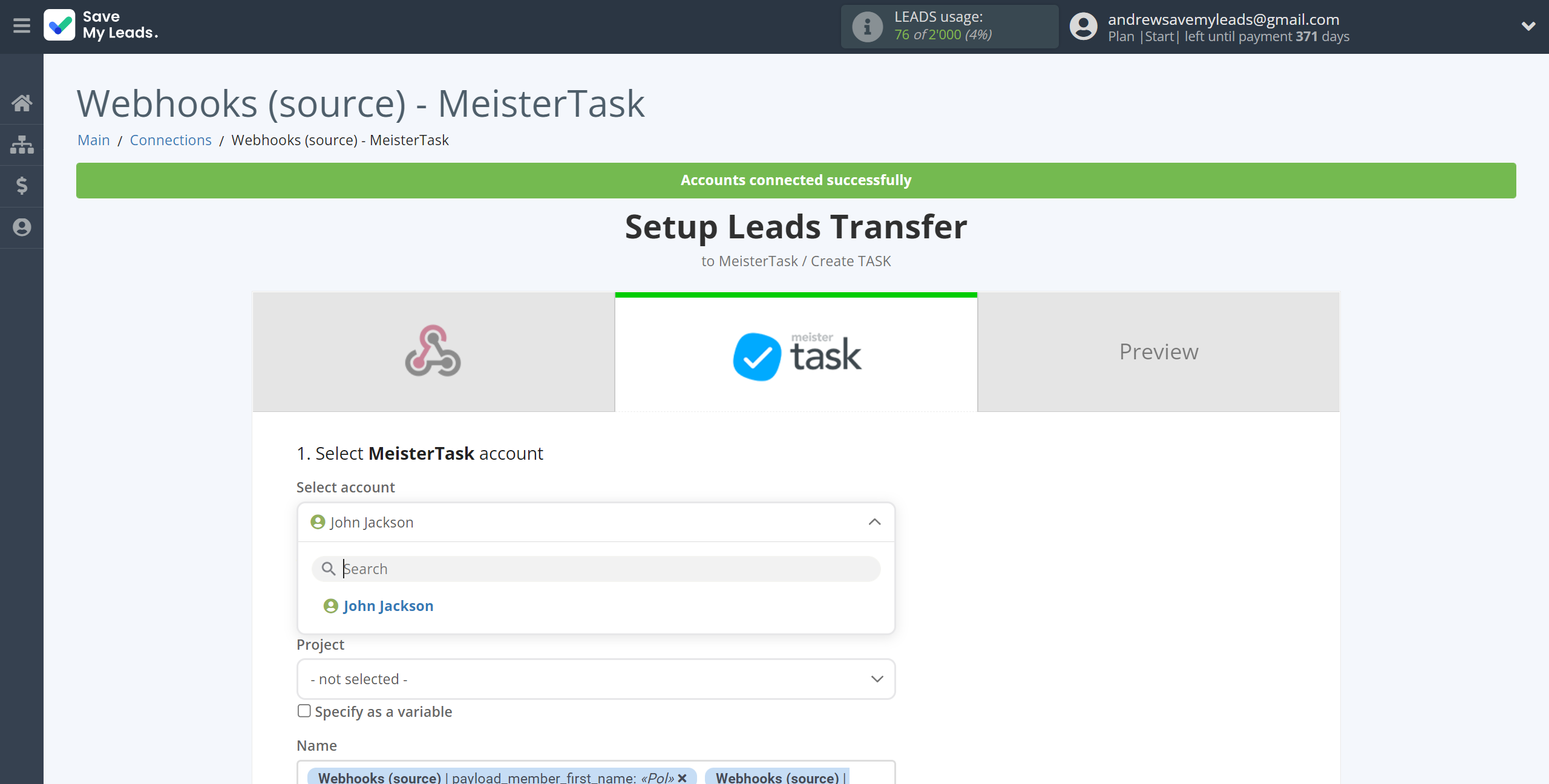 How to Connect Webhooks with MeisterTask | Data Destination account selection