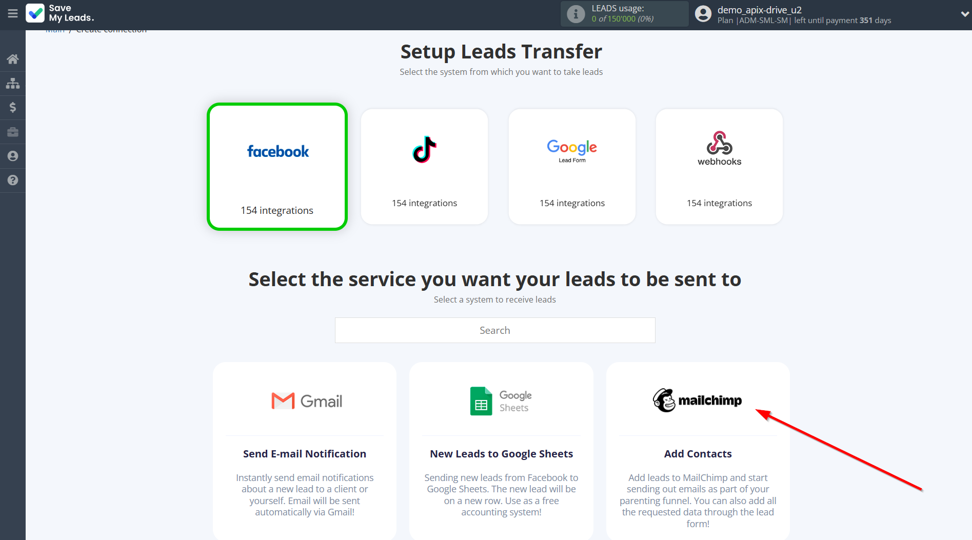 How to Connect Facebook with MailChimp | Data Destination system selection How to Connect Facebook with MailChimp | Data Destination system selection