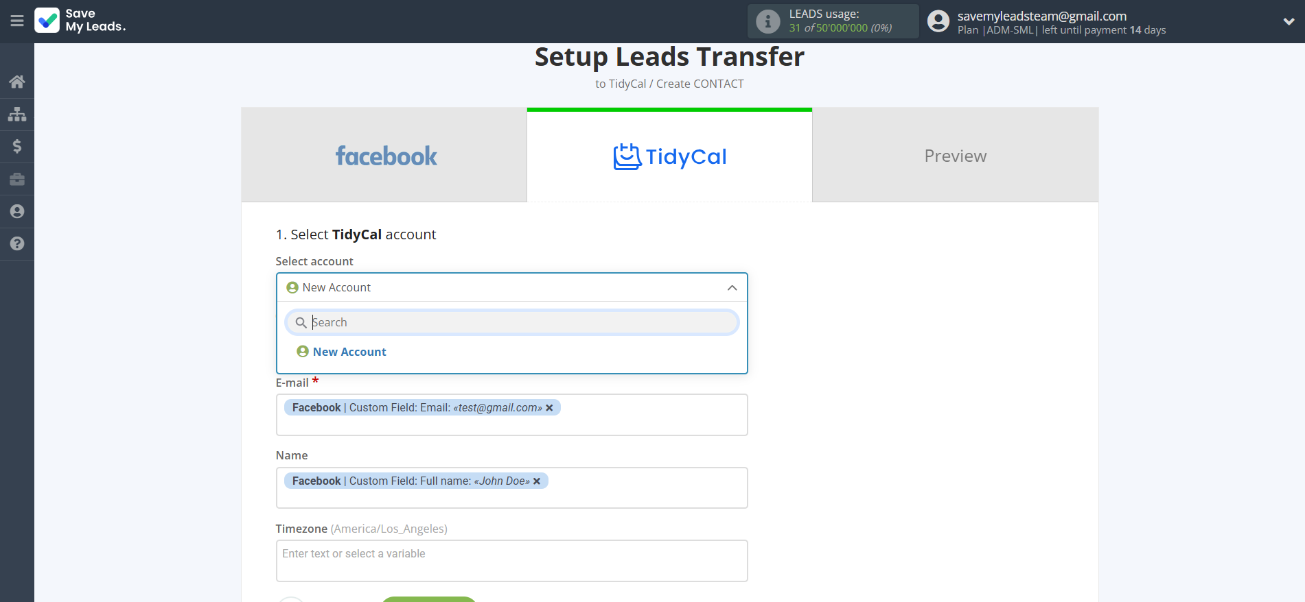How to Connect Facebook with TidyCal Create Contacts | Data Destination account selection How to Connect Facebook with TidyCal Create Contacts | Data Destination account selection