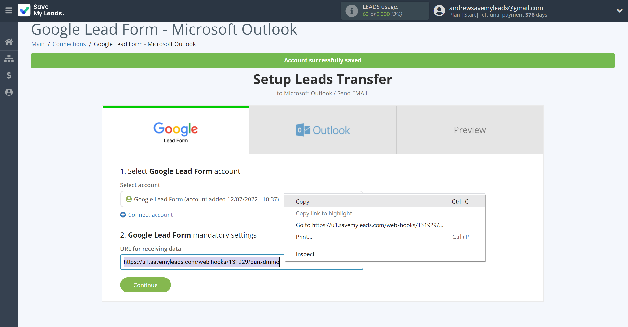 How to Connect Google Lead Form with Microsoft Outlook | Data Source account connection