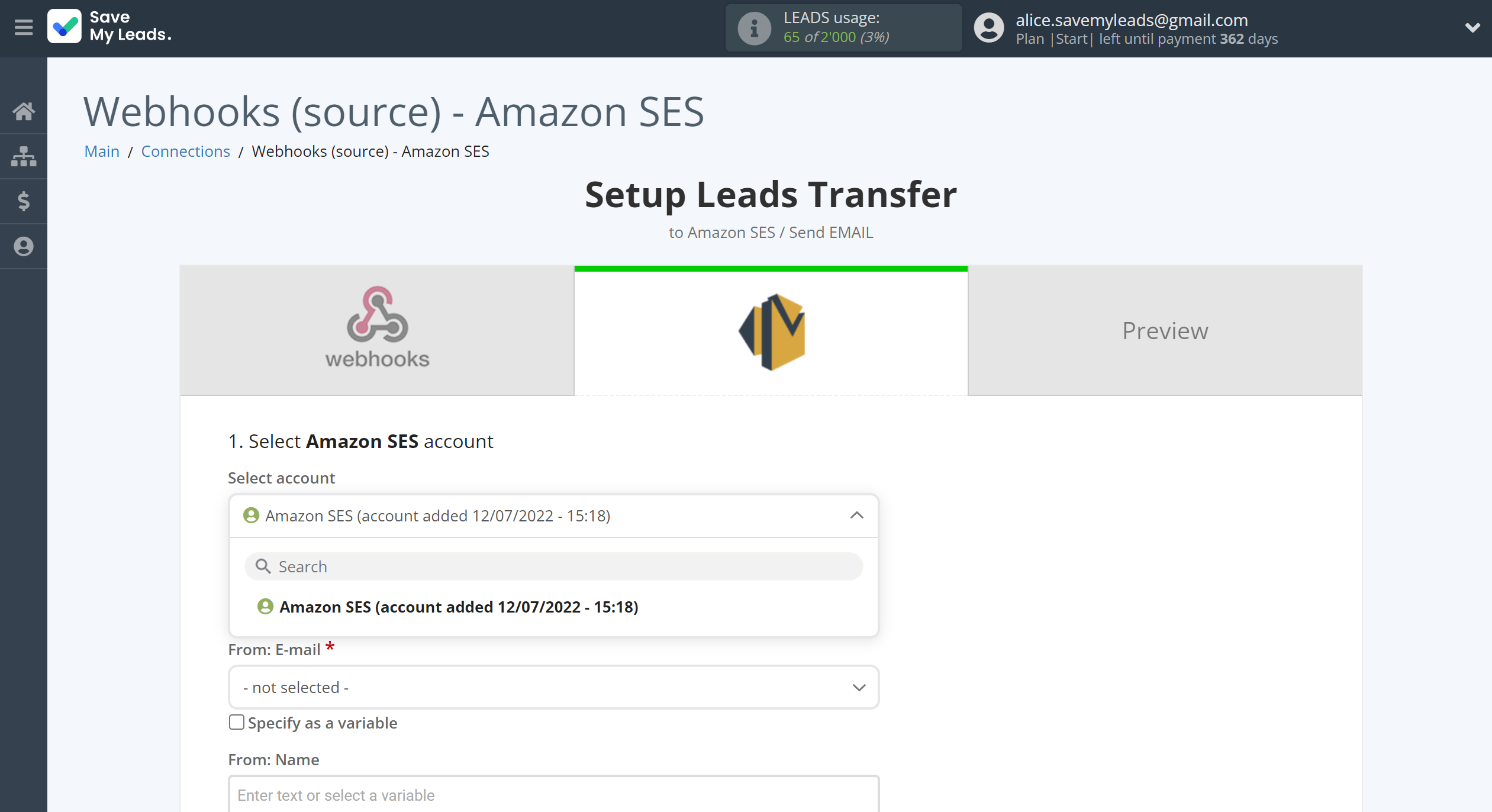 How to Connect Webhooks with Amazon SES | Data Destination account selection