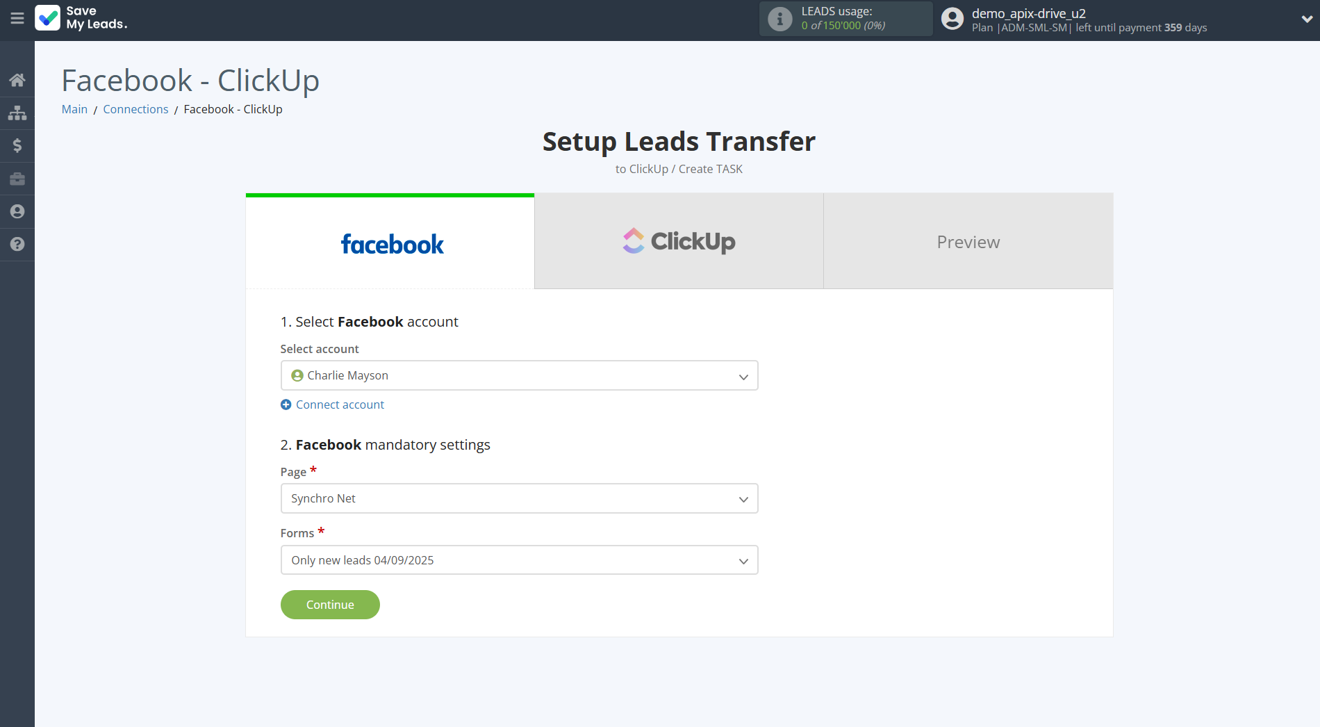 How to Connect Facebook with ClickUp | Data Source account connection