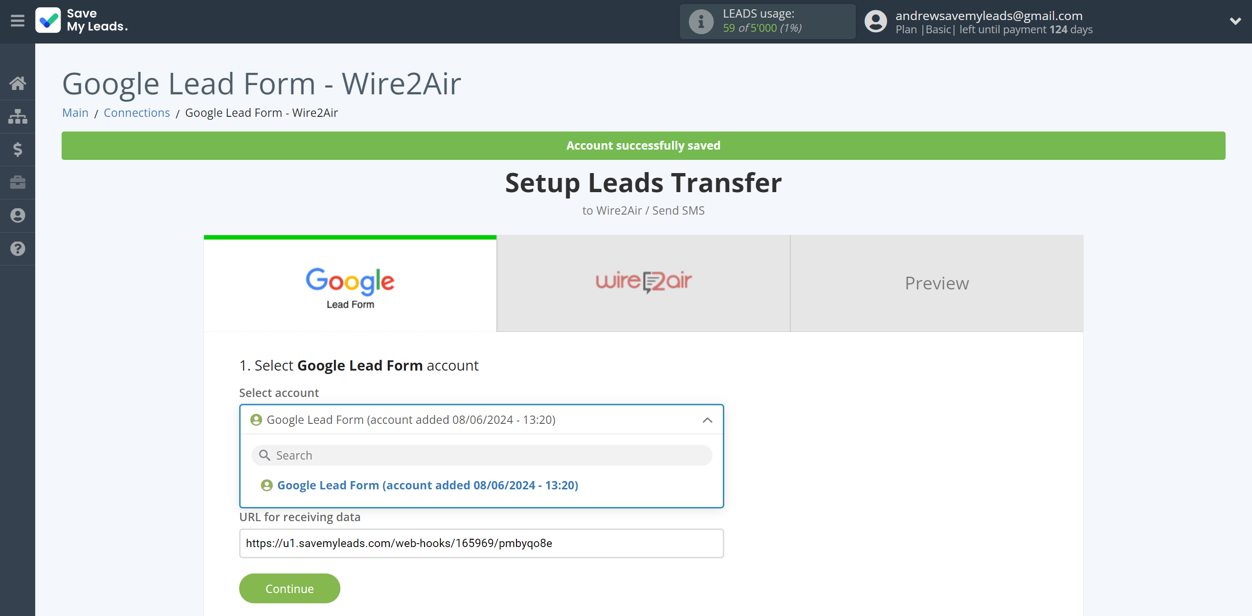 How to Connect Google Lead Form with Wire2Air | Data Source account selection