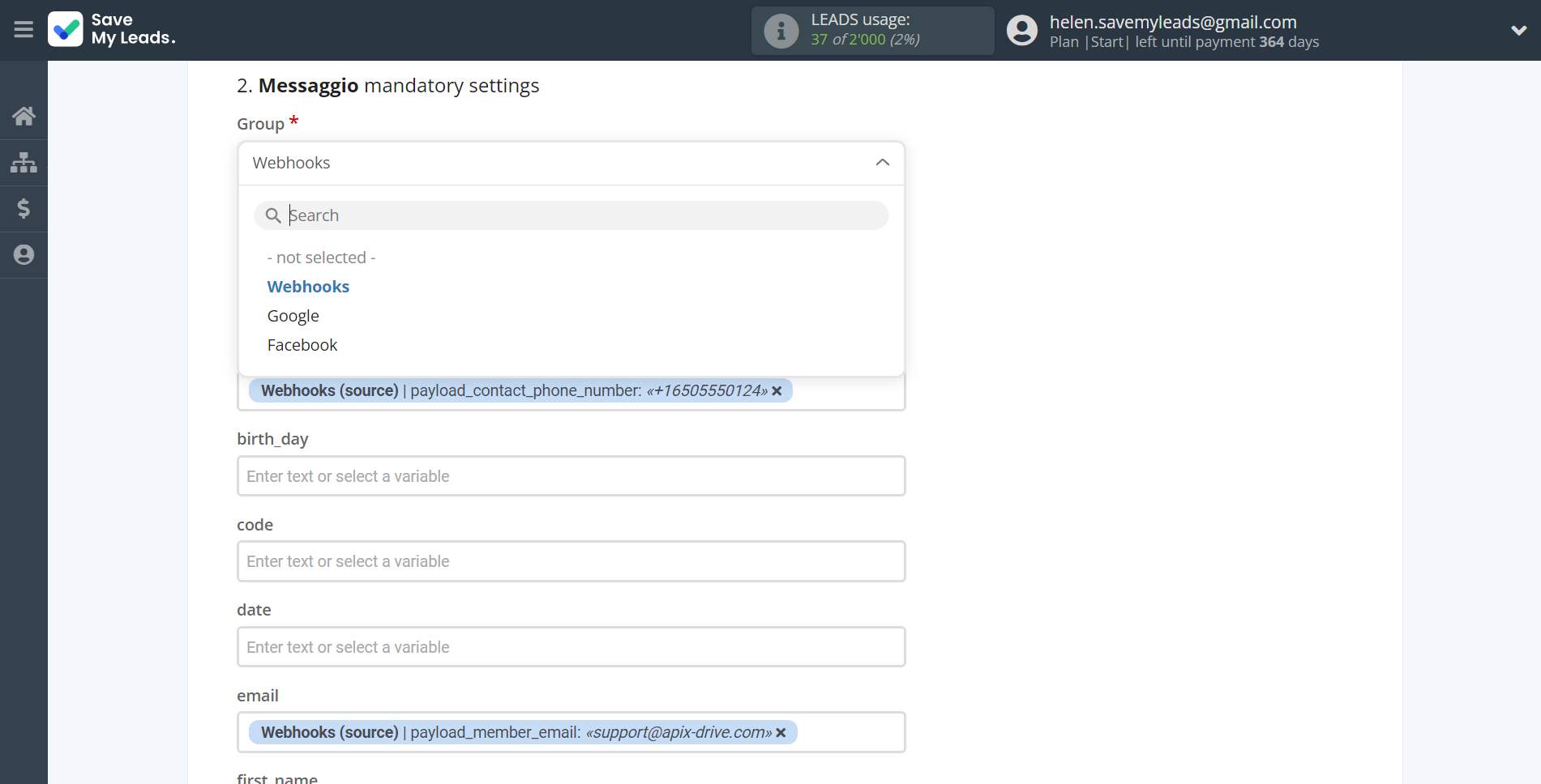 How to Connect Webhooks with Messaggio | Assigning fields