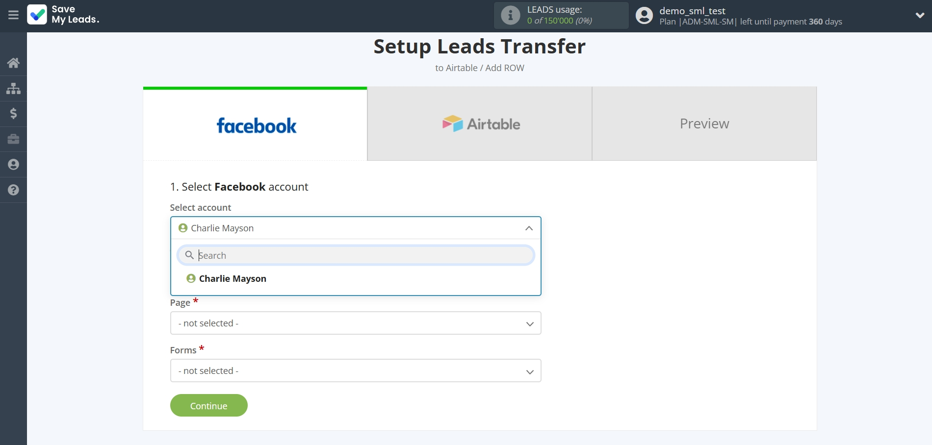 How to Connect Facebook with AirTable | Data Source account selection