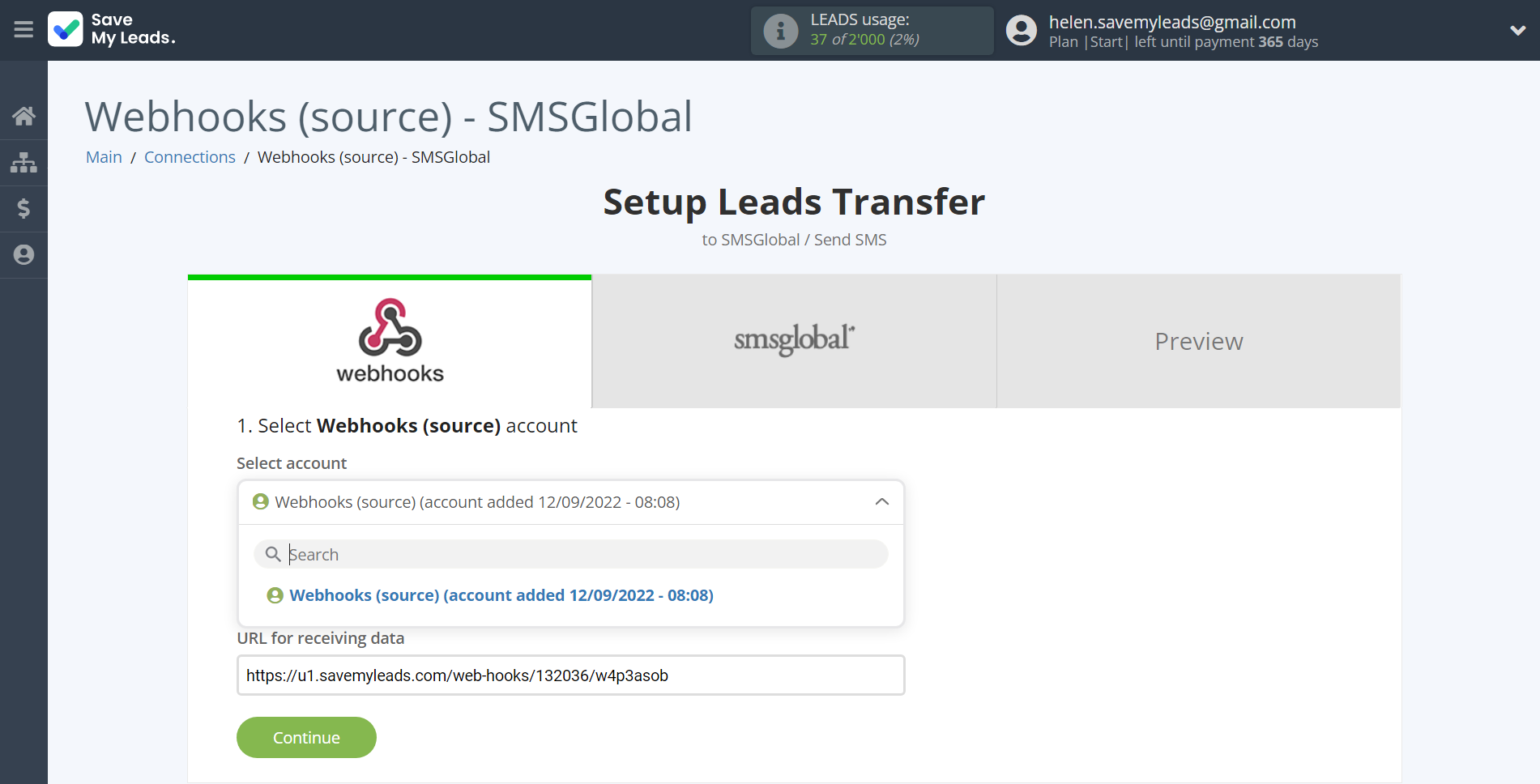 How to Connect Webhooks with SMSGlobal | Data Source account selection