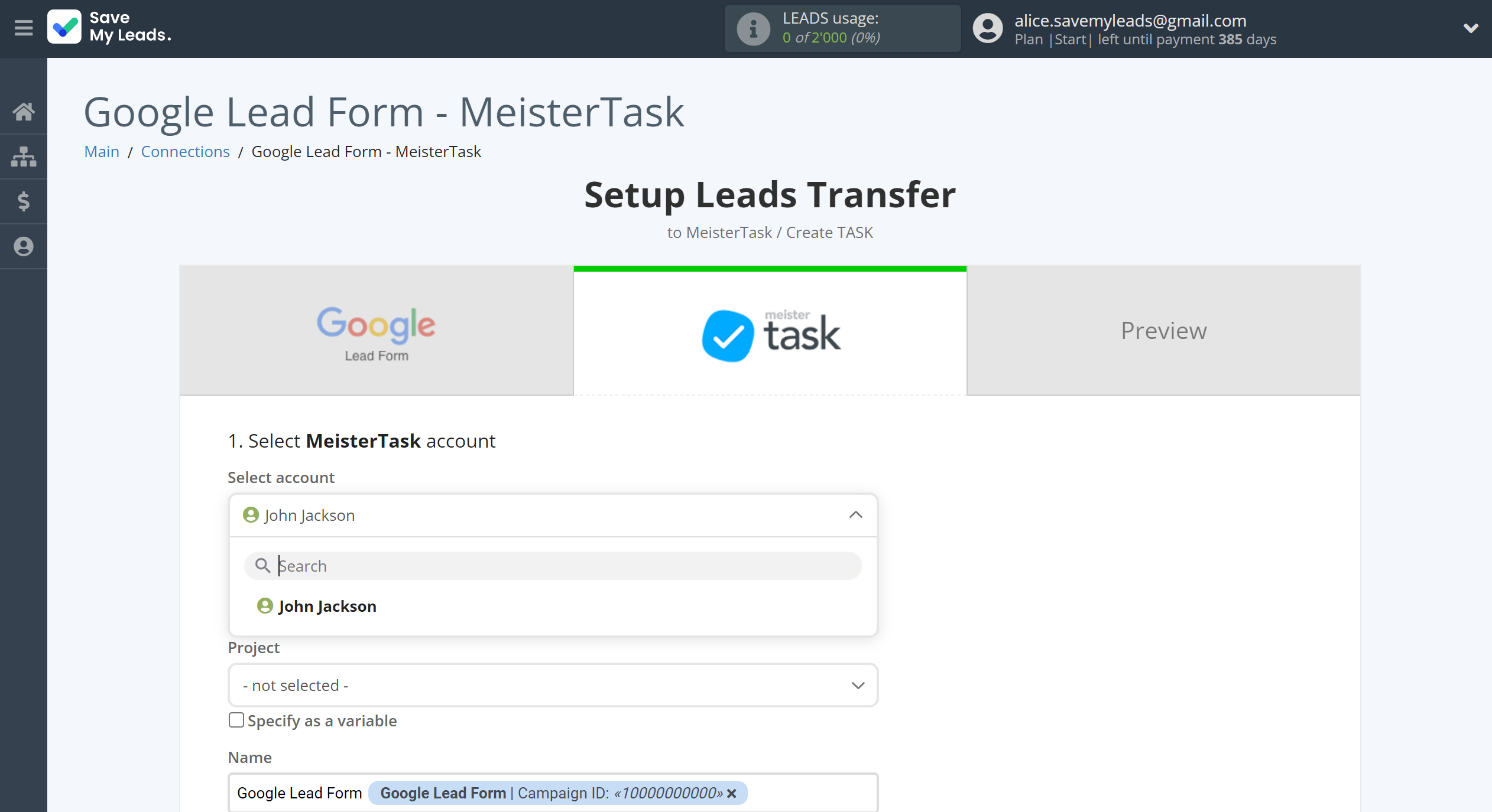 How to Connect Google Lead Form with MeisterTask | Data Destination account selection