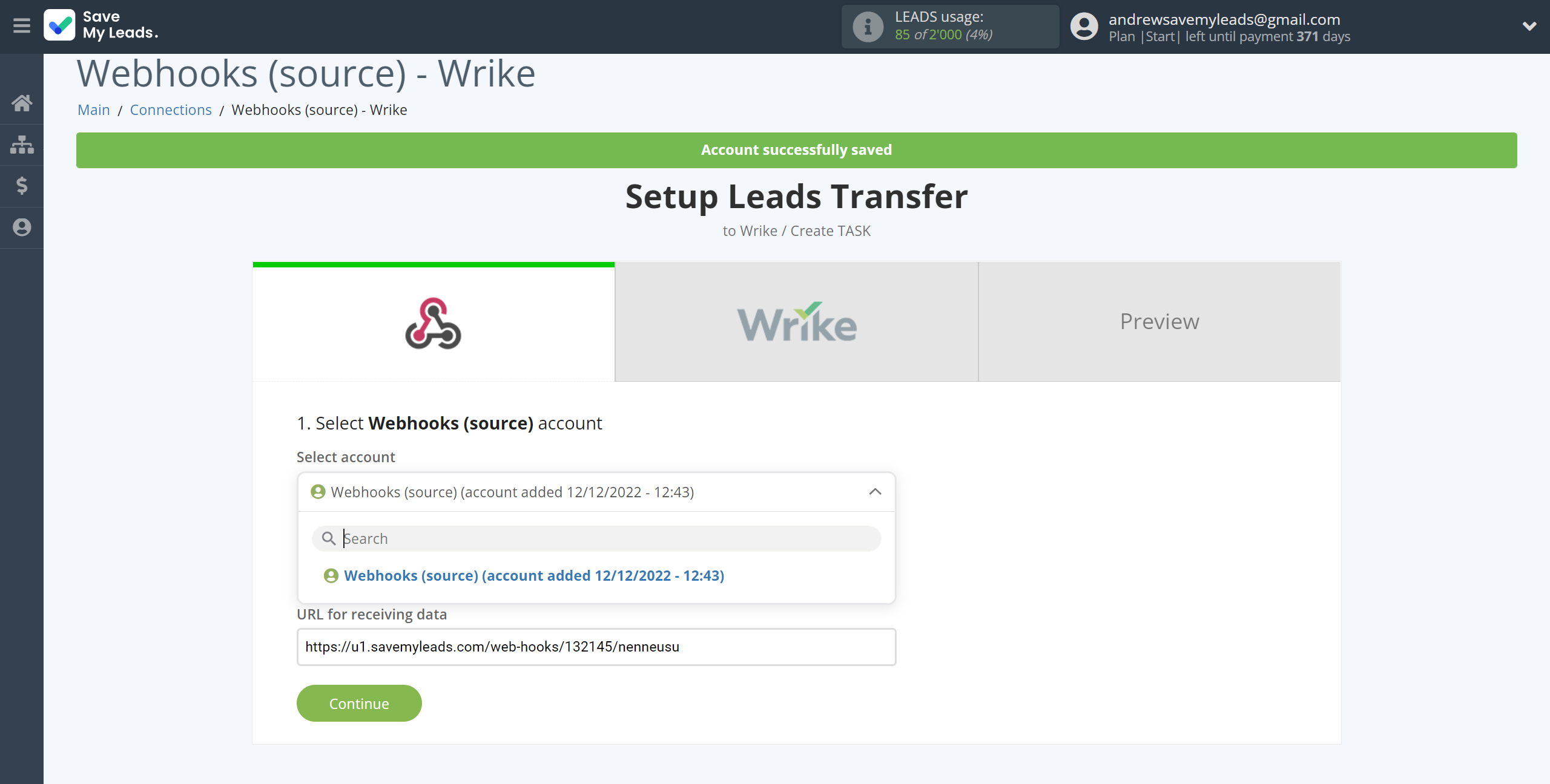 How to Connect Webhooks with Wrike | Data Source account selection